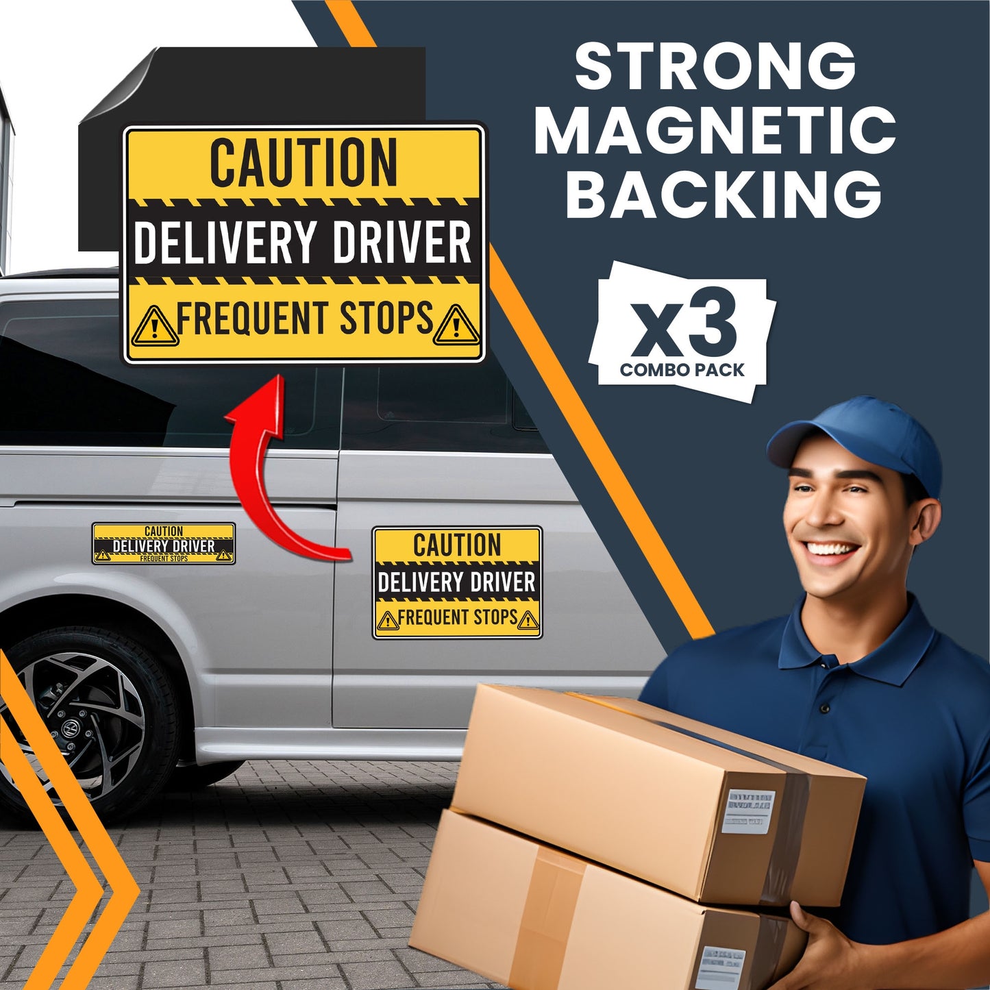 Magnet Me Up Caution Frequent Stops Delivery Driver Automotive Magnet Decal, 3 Pack, Yellow/Black, Two 8x12 inch and One 3x10 inch