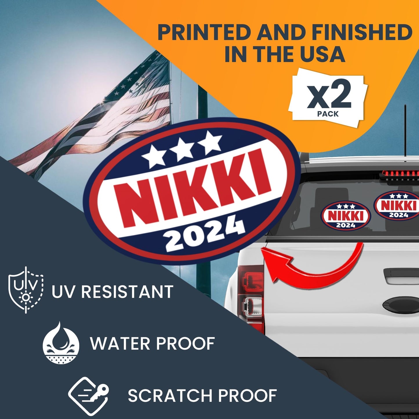Magnet Me Up Nikki 2024 Nikki Haley Republican Political Party 2024 Adhesive Decal Sticker, 2 Pack, 5.5x3.5 Inch, Heavy Duty adhesion to Car Window, Bumper, etc