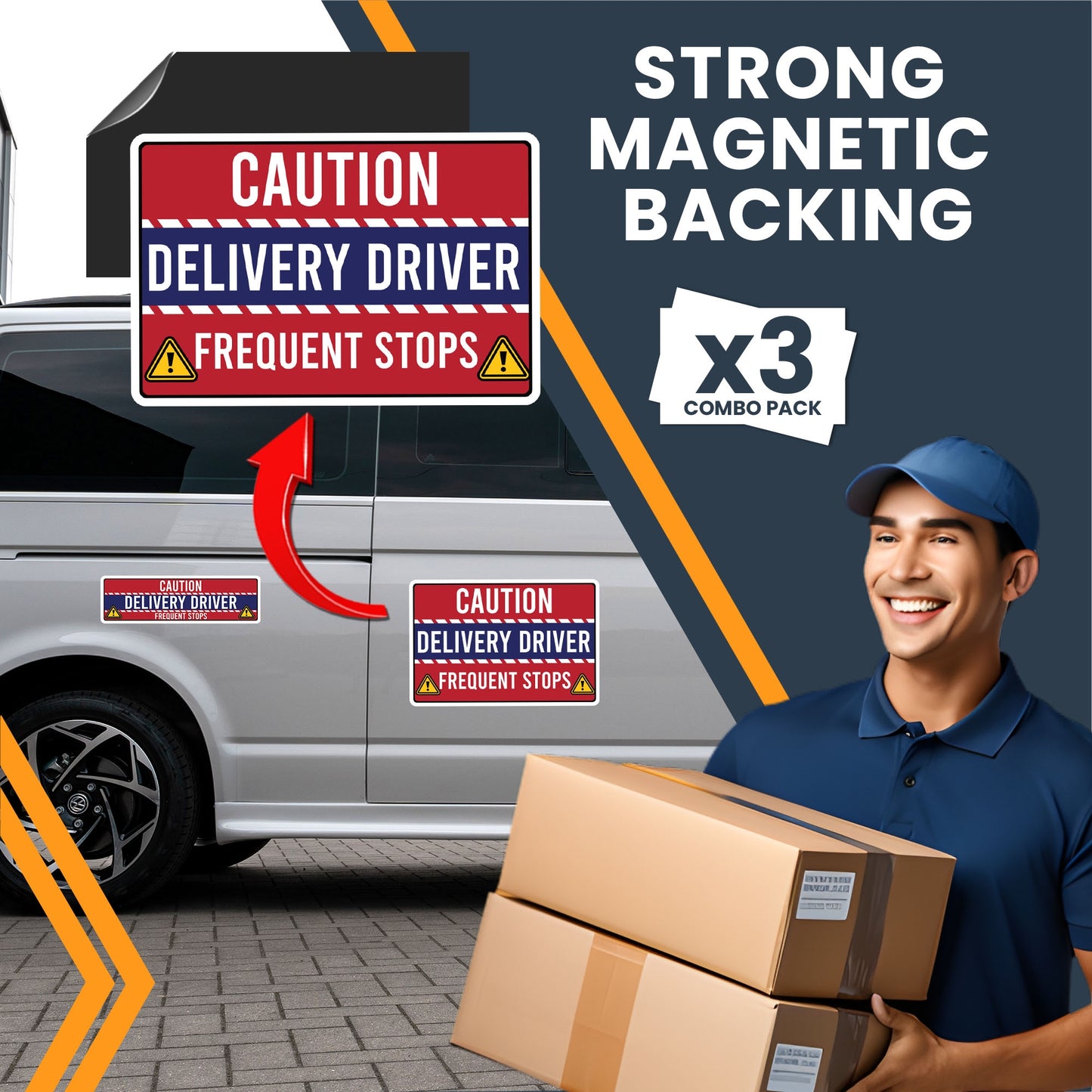 Magnet Me Up Caution Frequent Stops Delivery Driver Automotive Magnet Decal, 3 Pack, Red/Blue, Two 8x12 inch and One 3x10 inch, Automotive Magnet for Car, Flex Delivery Driver, Crafted in USA