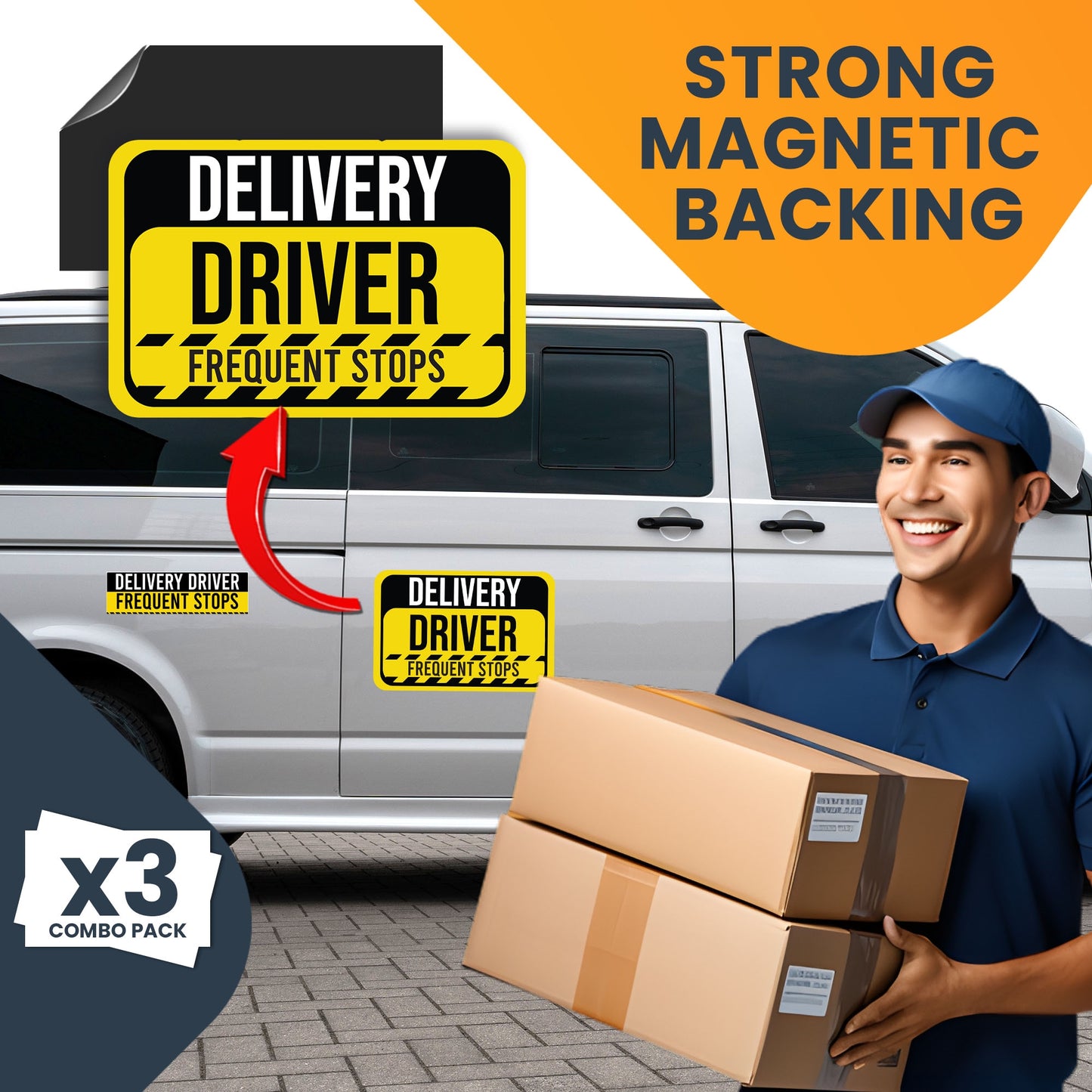 Magnet Me Up Caution Frequent Stops Delivery Driver Automotive Magnet Decal, 3 Pack, Two 8x12 inch and One 3x10 Inch, Automotive Magnet for Car, Flex Delivery Driver, Crafted in USA