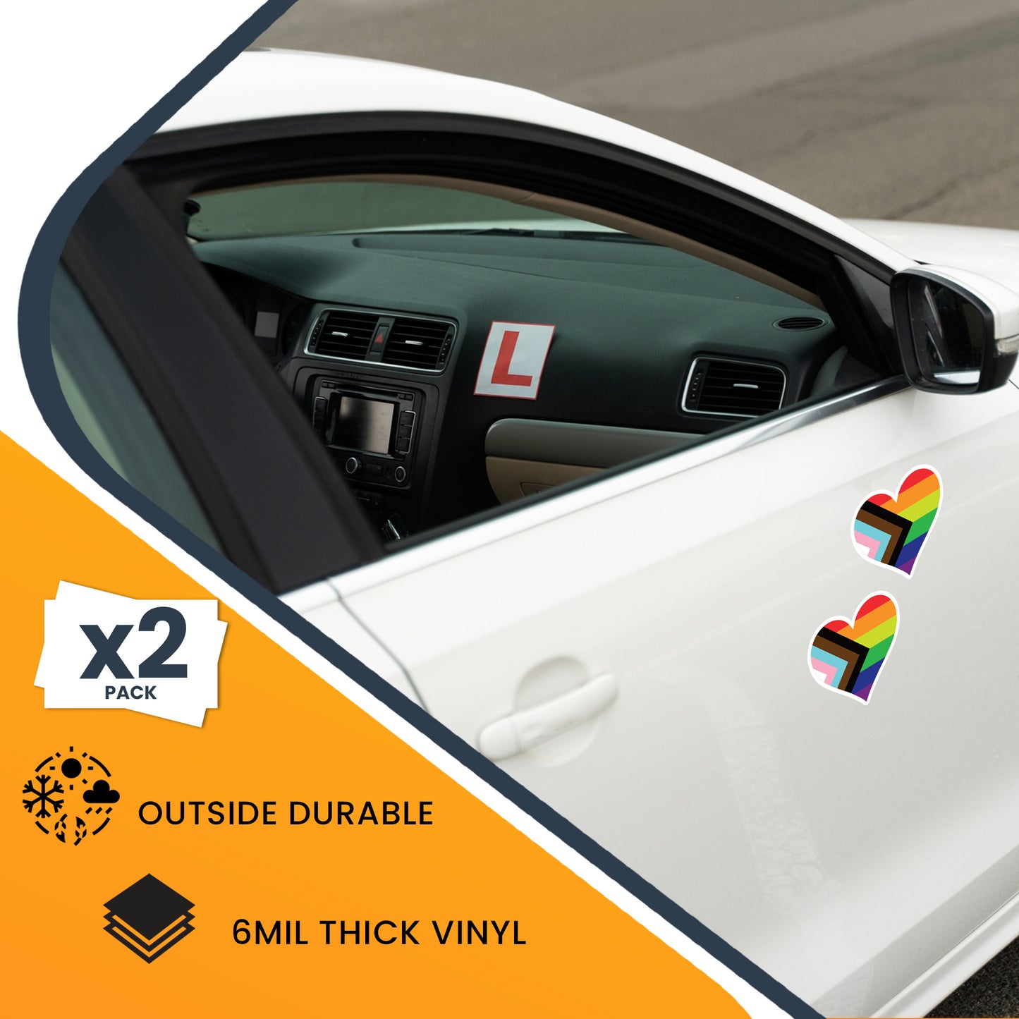 Magnet Me Up LGBTQA Progress Pride Heart Adhesive Decal Sticker, 4 Inches, 2 Pack, Heavy Duty Adhesion to Car Window, Bumper, Etc. Support Gay, Lesbian, Transgender, Bisexual, Queer