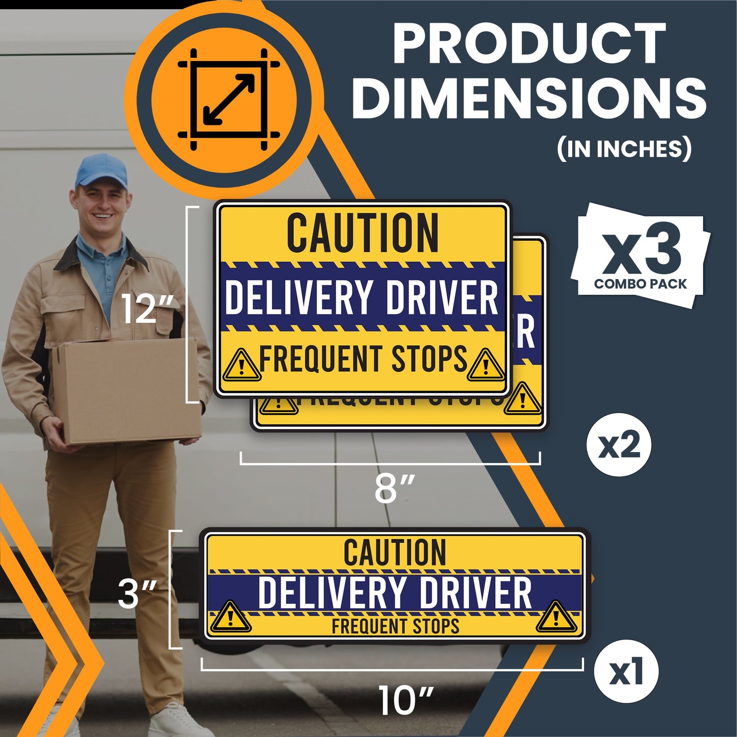 Magnet Me Up Caution Frequent Stops Delivery Driver Automotive Magnet Decal, 3 Pack, Yellow/Blue, Two 8x12 inch and One 3x10 inch