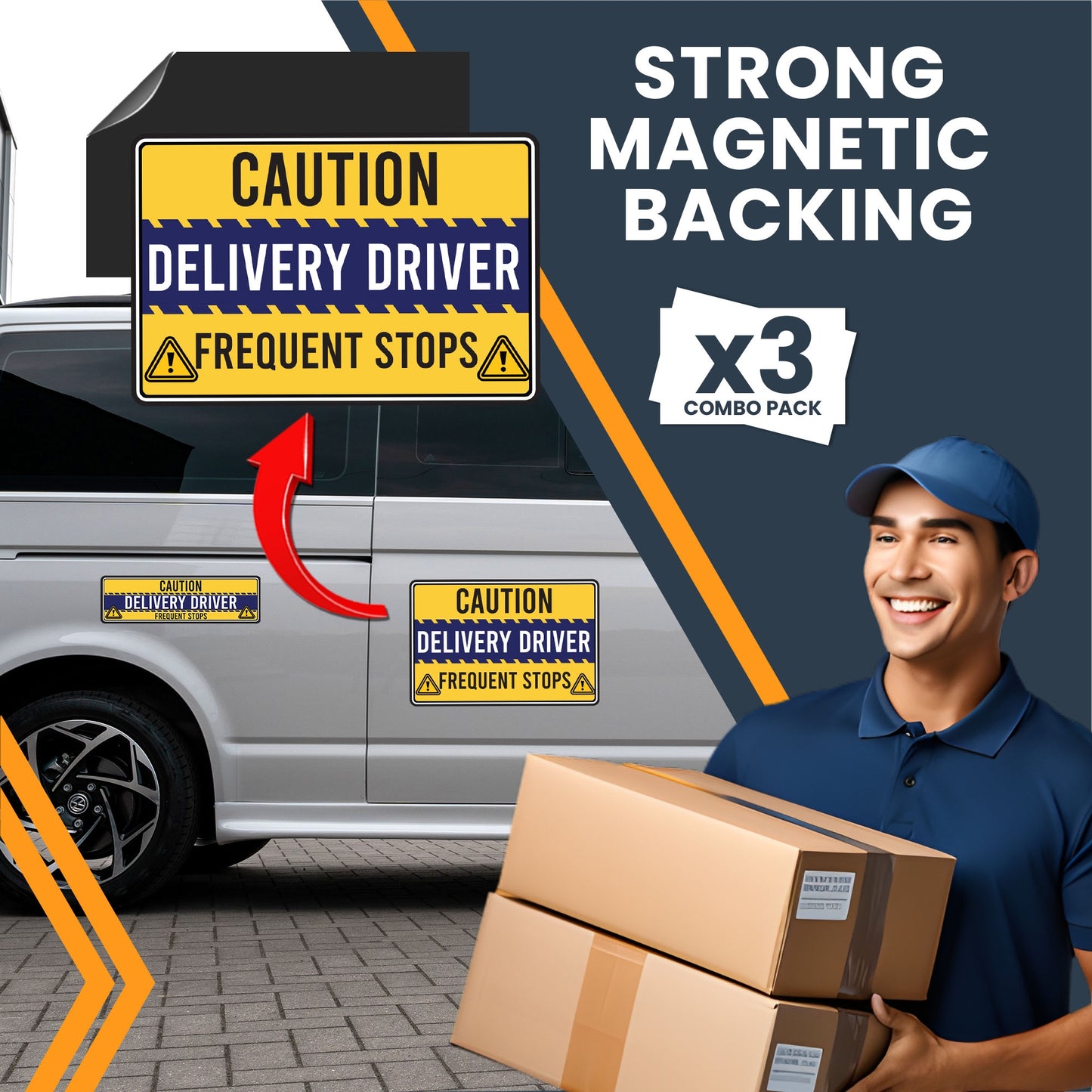 Magnet Me Up Caution Frequent Stops Delivery Driver Automotive Magnet Decal, 3 Pack, Yellow/Blue, Two 8x12 inch and One 3x10 inch