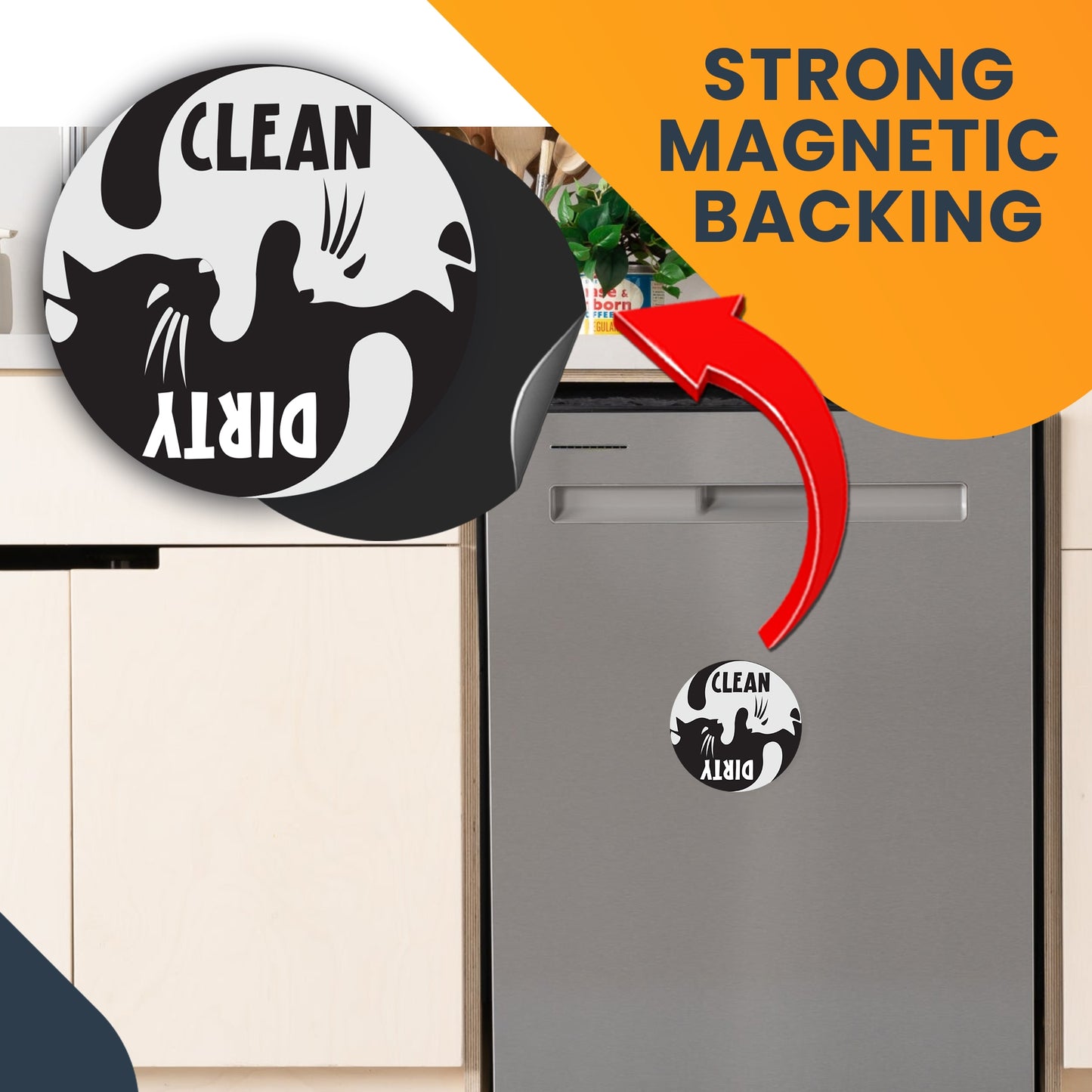 Magnet Me Up Clean Dirty Cat Dishwasher Indicator Magnet Decal, 5 Inch, Heavy Duty Waterproof Kitchen Safe Magnet, Black and White