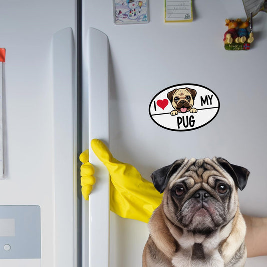 Magnet Me Up I Love My Pug Dog Breed Car Magnet Decal, 4x6 Inches Oval, Decoration for Vehicle, Fridge, and More! Cute Peeking Dog Bumper Magnet