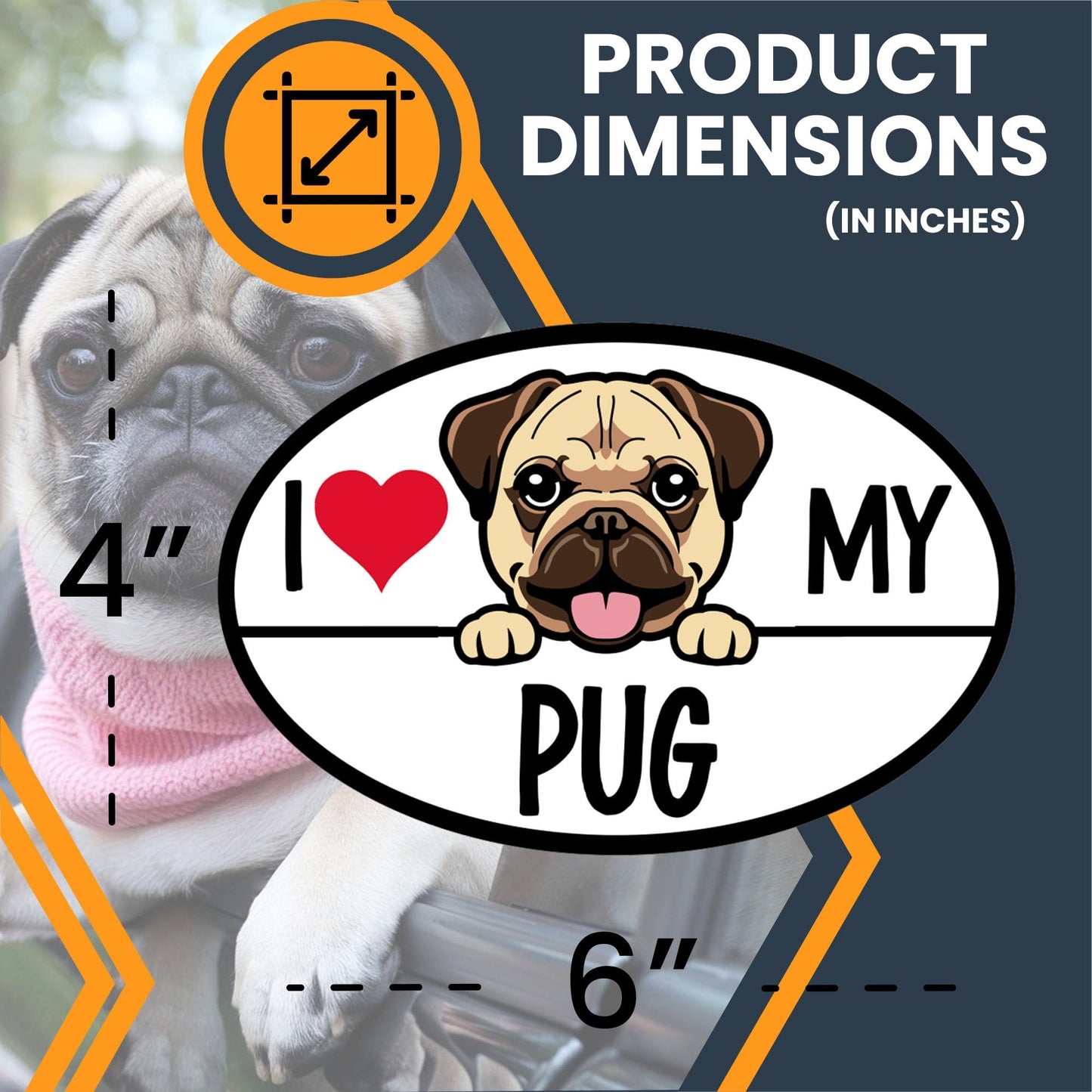 Magnet Me Up I Love My Pug Dog Breed Car Magnet Decal, 4x6 Inches Oval, Decoration for Vehicle, Fridge, and More! Cute Peeking Dog Bumper Magnet