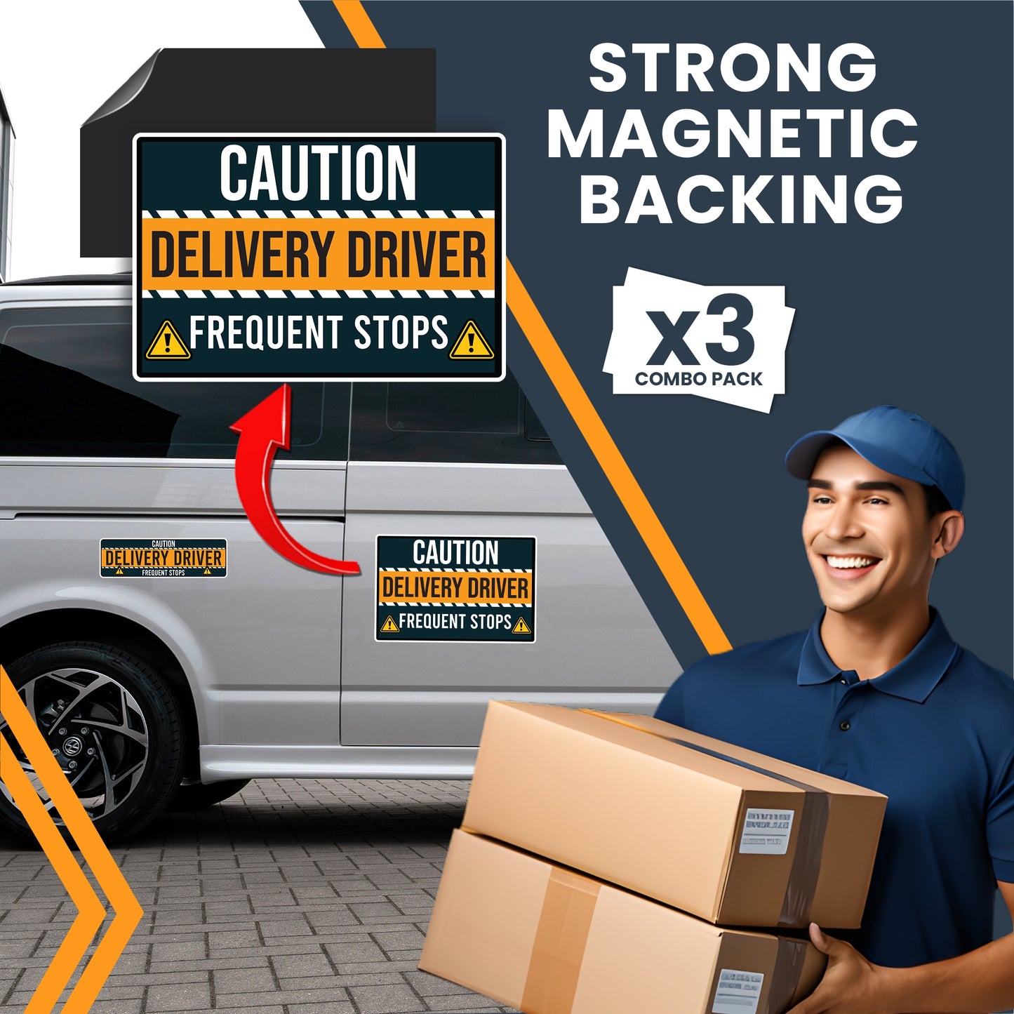 Magnet Me Up Caution Frequent Stops Delivery Driver Automotive Magnet Decal, 3 Pack, Two 8x12 inch and One 3x10 inch, Automotive Magnet for Car, Delivery Driver, Crafted in USA