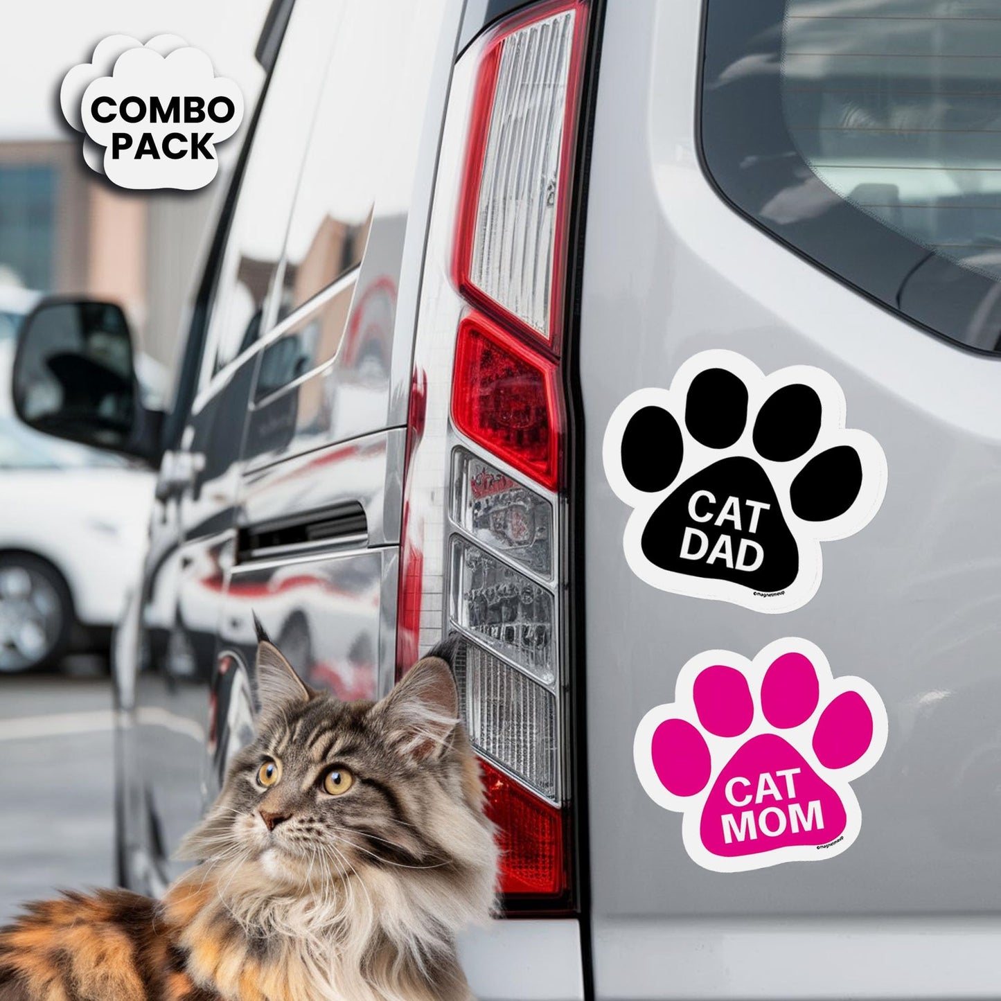 Magnet Me Up Cat Mom & Cat Dad Combo Pack 5-Inch Round Paw Print Bumper Magnet & Decal Set -Full-Color, Weatherproof, Car, Fridge