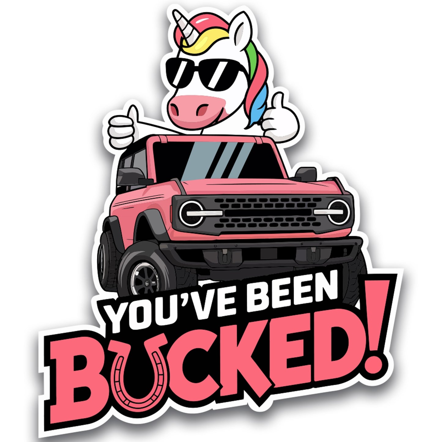 Magnet Me Up Bronco Youโve Been Bucked Magnetic Decal โ Pink Unicorn Twist โ 5x5 Inches Pink UV Printed Vinyl โ Durable, Weatherproof SUV
