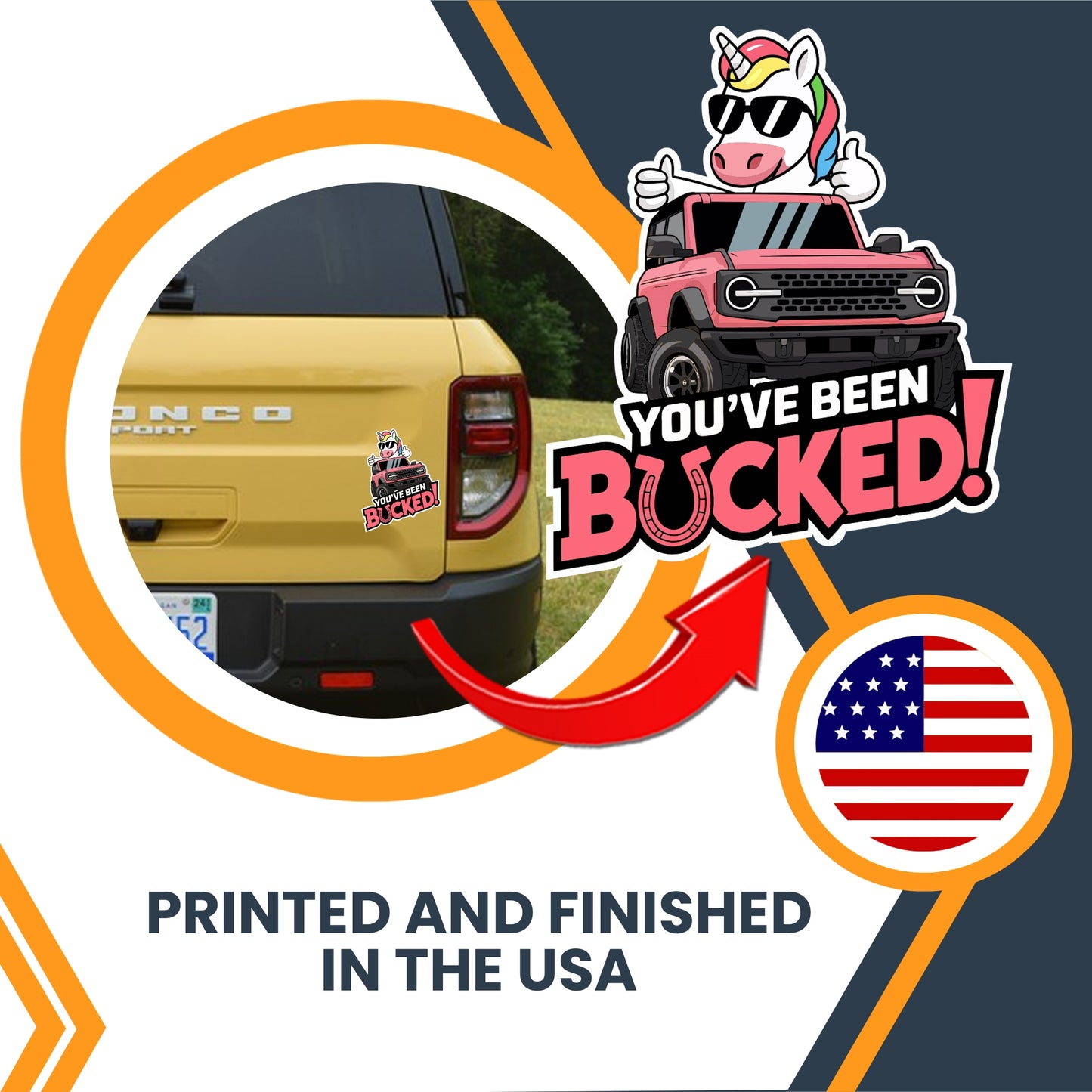 Magnet Me Up Bronco Youโve Been Bucked Magnetic Decal โ Pink Unicorn Twist โ 5x5 Inches Pink UV Printed Vinyl โ Durable, Weatherproof SUV