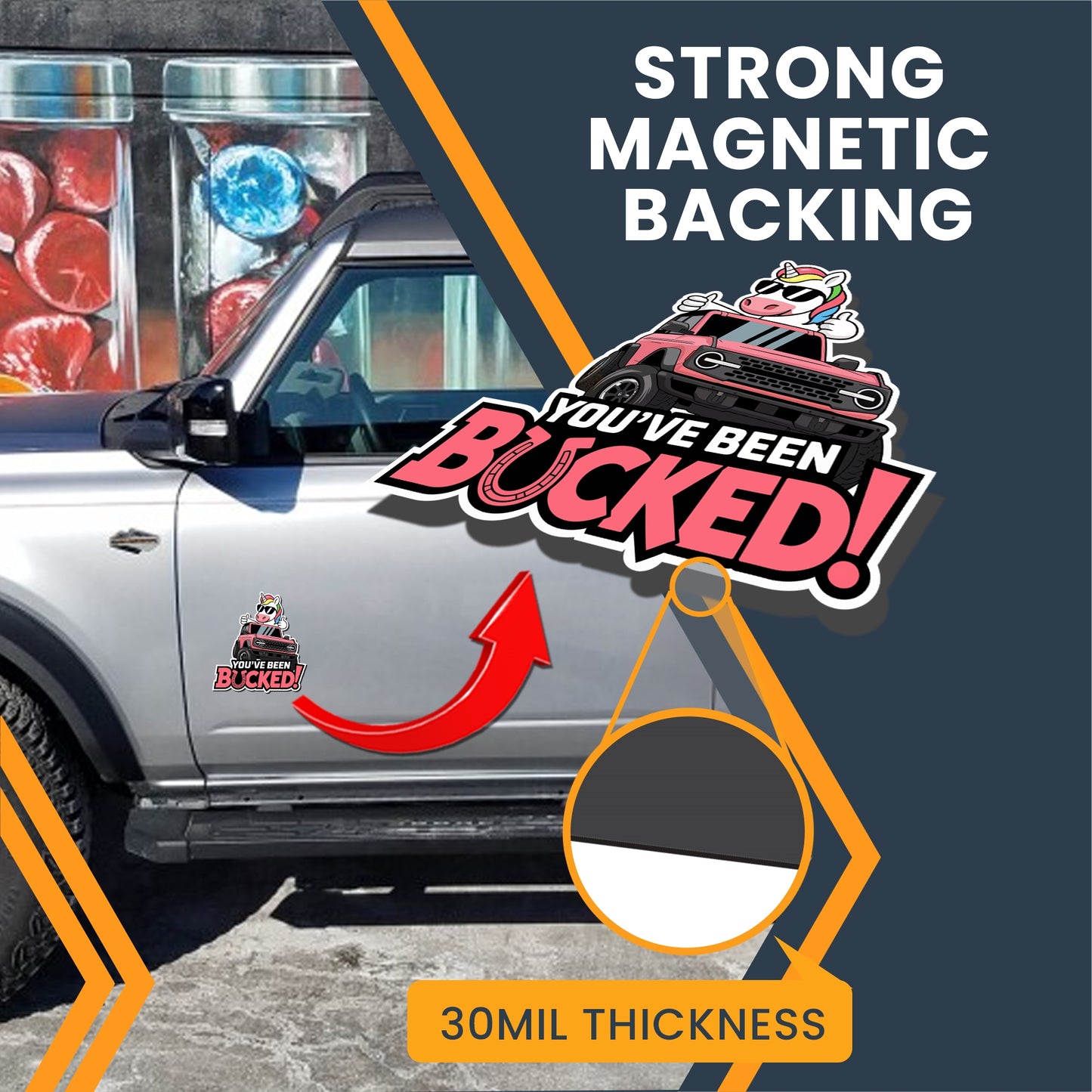 Magnet Me Up Bronco Youโve Been Bucked Magnetic Decal โ Pink Unicorn Twist โ 5x5 Inches Pink UV Printed Vinyl โ Durable, Weatherproof SUV