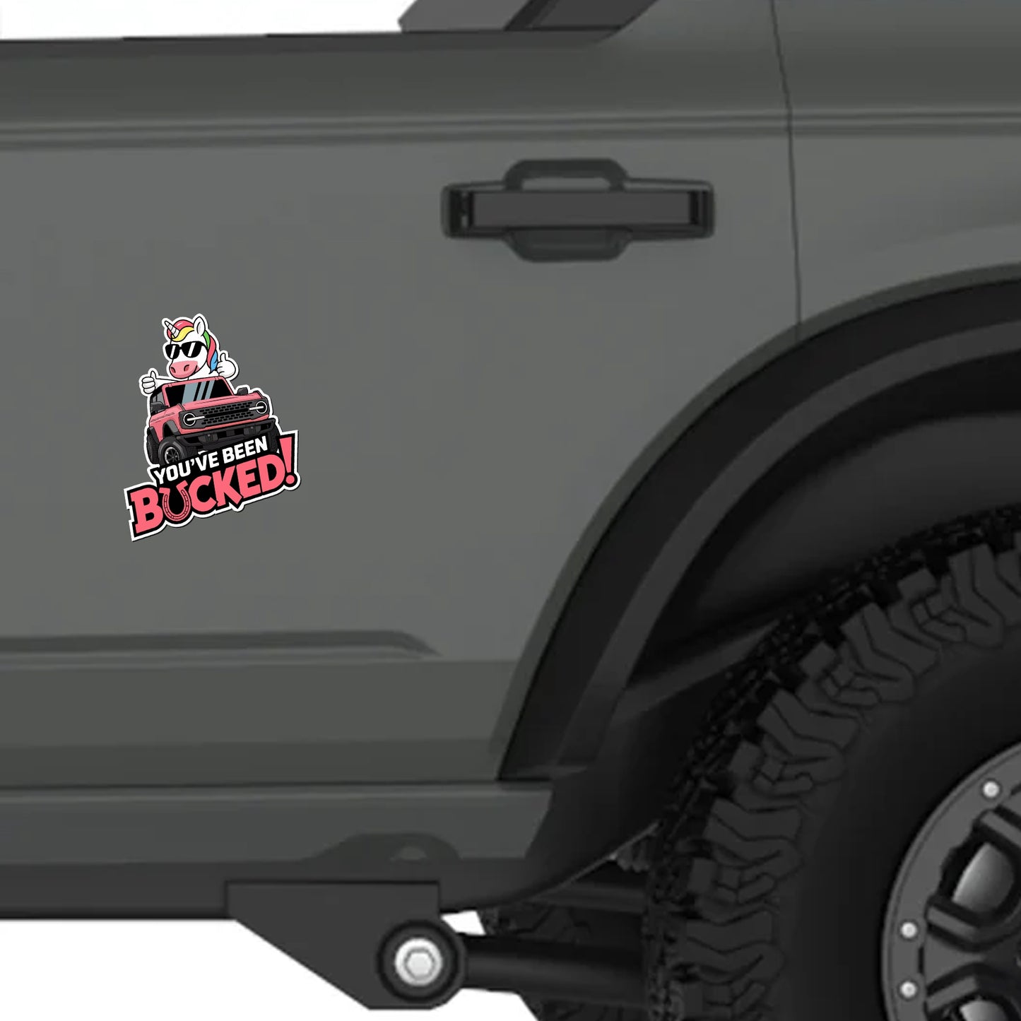 Magnet Me Up Bronco Youโve Been Bucked Magnetic Decal โ Pink Unicorn Twist โ 5x5 Inches Pink UV Printed Vinyl โ Durable, Weatherproof SUV