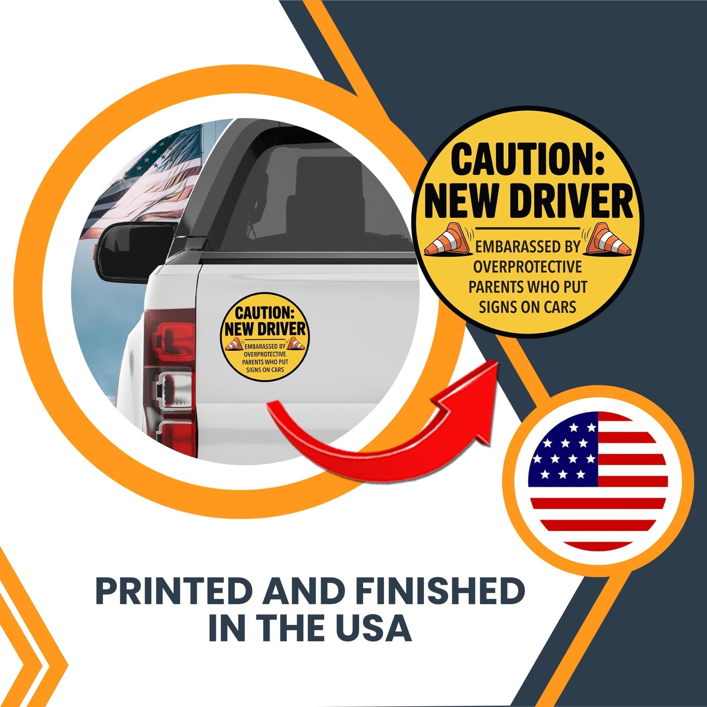 Magnet Me Up Caution New Driver - Embarrassed by Over Protective Parents Who Put Signs in Car Magnet - 5 Inch Round Funny Magnetic Decal, Teen Drivers - Durable UV-Printed, Made in The USA