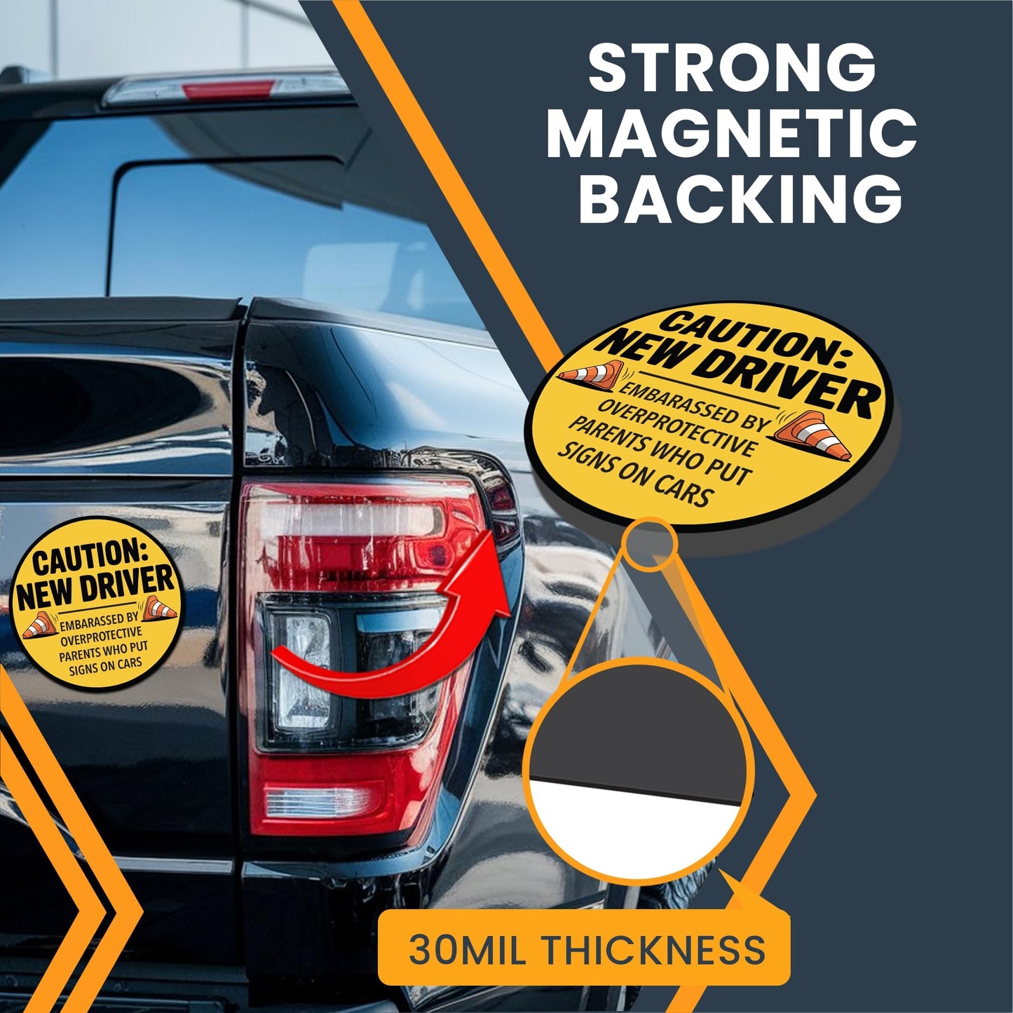 Magnet Me Up Caution New Driver - Embarrassed by Over Protective Parents Who Put Signs in Car Magnet - 5 Inch Round Funny Magnetic Decal, Teen Drivers - Durable UV-Printed, Made in The USA