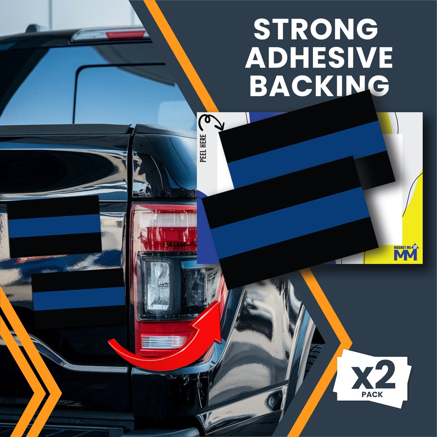Magnet Me Up Thin Blue Line Adhesive Decal Sticker, 2 Pack, 3x5 Inch, Heavy Duty Adhesion to Car Window, Bumper, Etc Showing Patriotic Support of Police and Law Enforcement