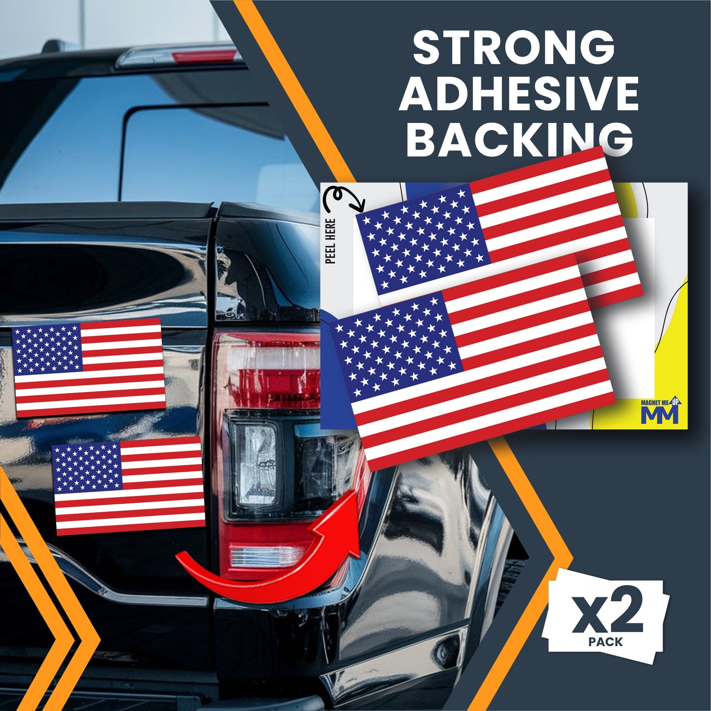 Magnet Me Up USA Patriotic American Flag Adhesive Decal Sticker, 2 Pack, 3x5 Inch, Heavy Duty Adhesion to Car Window, Bumper, etc
