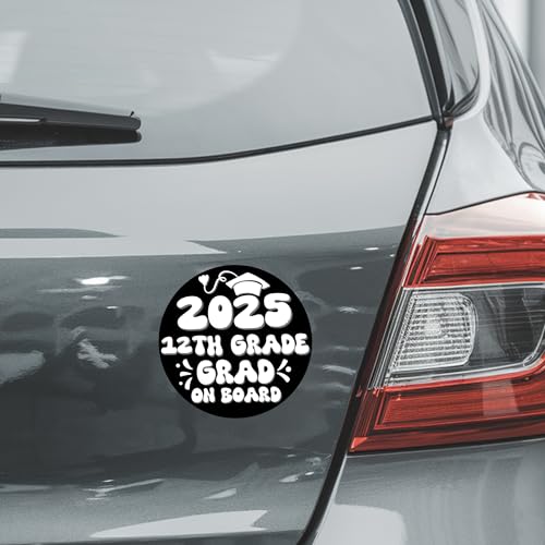 Magnet Me Up 12th Grade Graduation Magnet - 5" Round Class of 2025 Grad On Board Sign Gift, Car Magnet in Black and White - Full-Color UV Printed, Weatherproof, Made in The USA - Graduation Car Decor