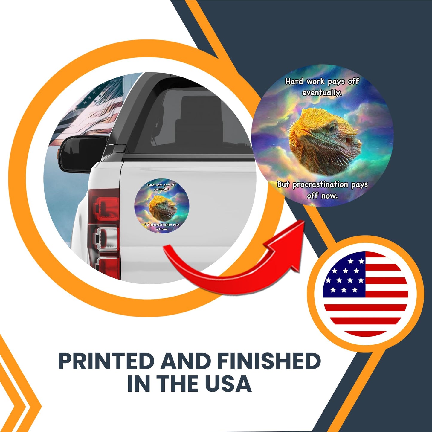 Magnet Me Up WHOSAGOODLIZARD 5" Round Funny Lizard Car Magnet - Hardwork Pays Off, But Procrastination Pays Off Now - Car Fridge Locker Magnetic Decal - UV Printed Vinyl, Souvenir Gifts, Made in USA