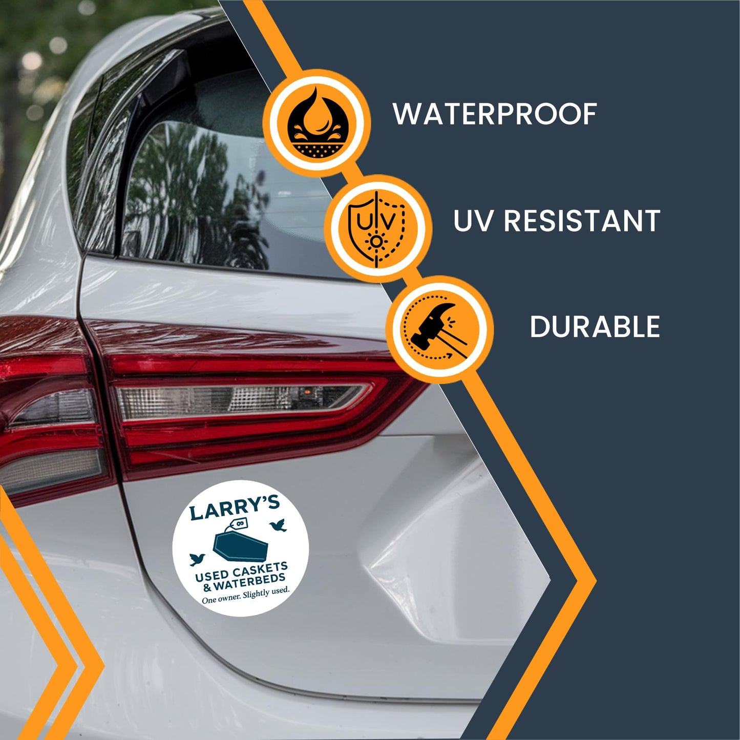 Magnet Me Up Larry's Used Caskets & Waterbeds Magnet, One Owner, Slightly Used- 5" Round Funny Car Magnet - Hilarious Magnetic Decal - UV Printed Vinyl, Made in USA, Great Gag Gift