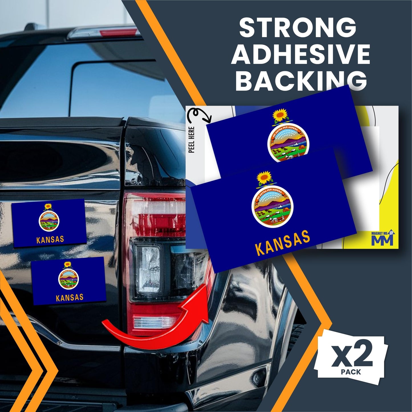 Magnet Me Up Kansas State Flag Bumper Sticker Decal - 3x5 2 Pack, Vinyl Adhesive Sticker for Car, Truck, SUV, Weatherproof State Pride Collectible, Full Color, Durable, Made in The USA