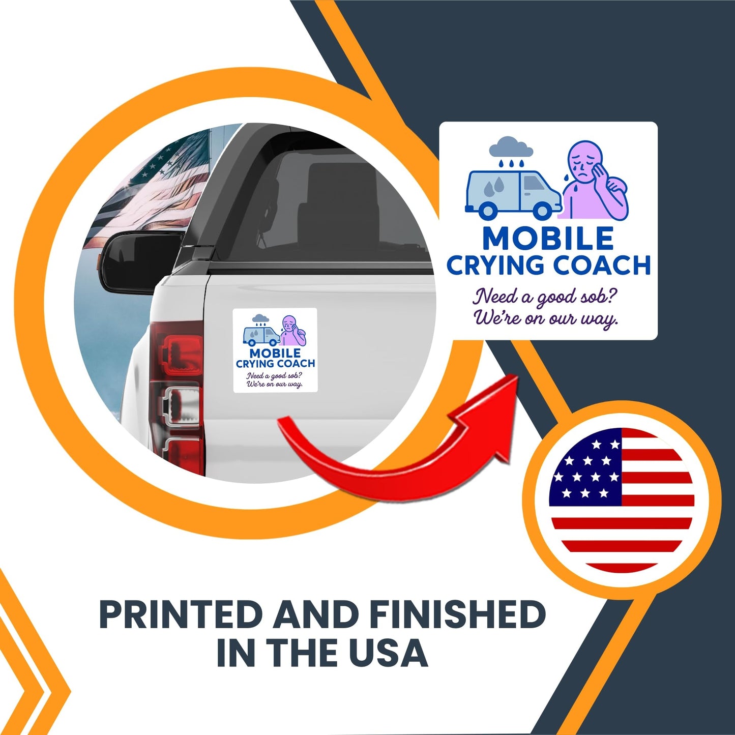Magnet Me Up Mobile Crying Coach Magnet - 5" Funny Car Magnet for Adults - Need a Good Sob? We?re On Our Way - Hilarious Magnetic Car Decal - UV Printed, Durable Vinyl - Made in USA