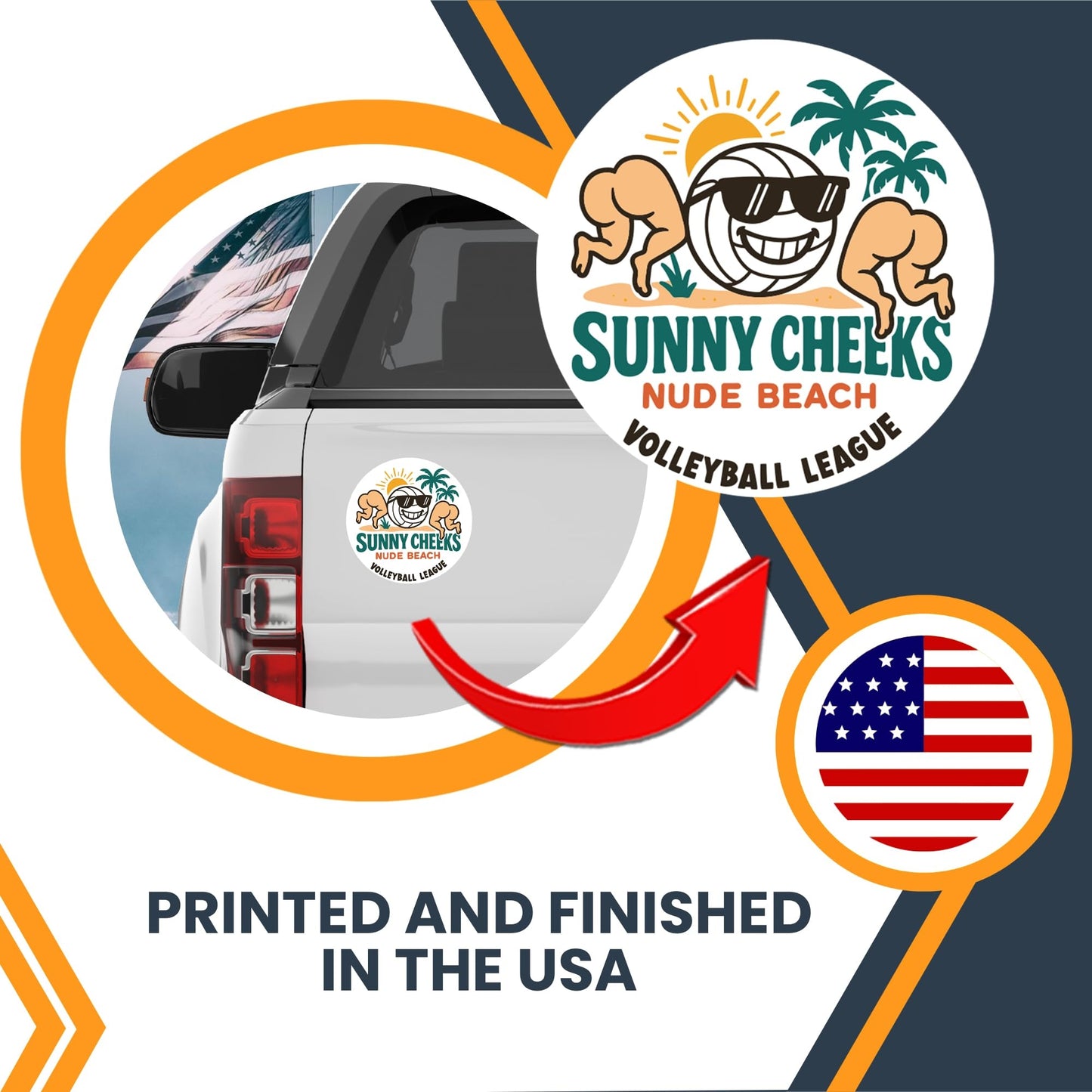 Magnet Me Up Sunny Cheeks Nude Beach Volleyball League Magnet - 5" Round Funny Car Magnet, Adult Humor Magnetic Car Decal - UV Printed, Durable Vinyl - Made in USA, Gag Gift for Adults