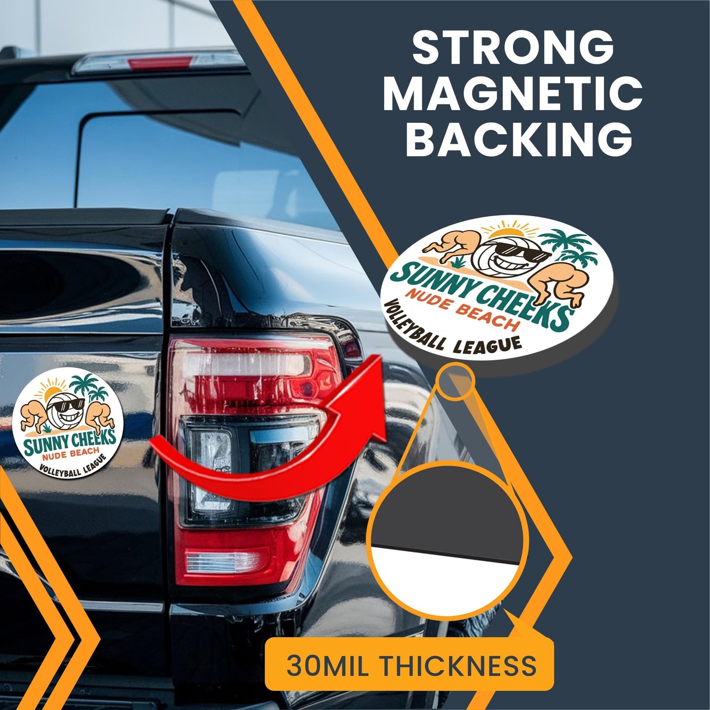 Magnet Me Up Sunny Cheeks Nude Beach Volleyball League Magnet - 5" Round Funny Car Magnet, Adult Humor Magnetic Car Decal - UV Printed, Durable Vinyl - Made in USA, Gag Gift for Adults