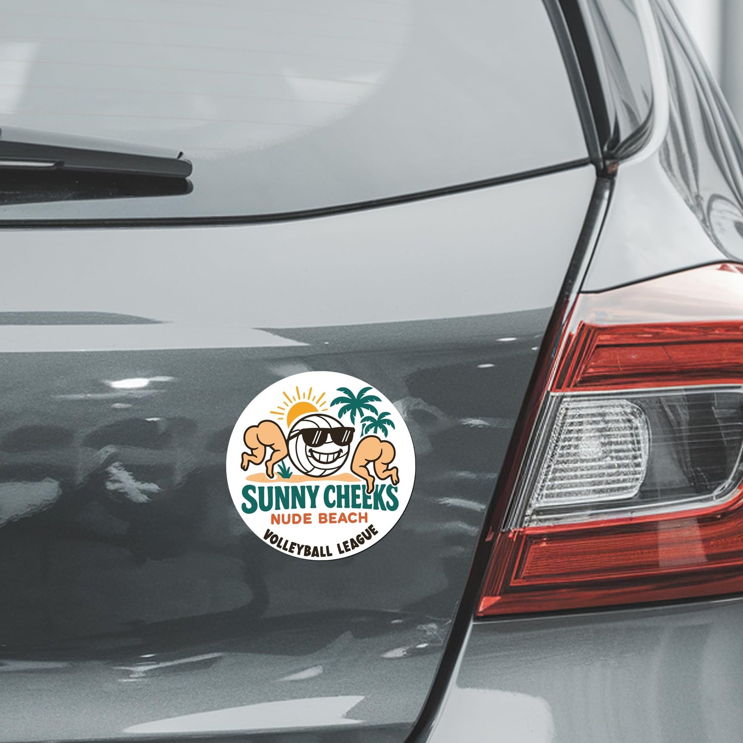 Magnet Me Up Sunny Cheeks Nude Beach Volleyball League Magnet - 5" Round Funny Car Magnet, Adult Humor Magnetic Car Decal - UV Printed, Durable Vinyl - Made in USA, Gag Gift for Adults