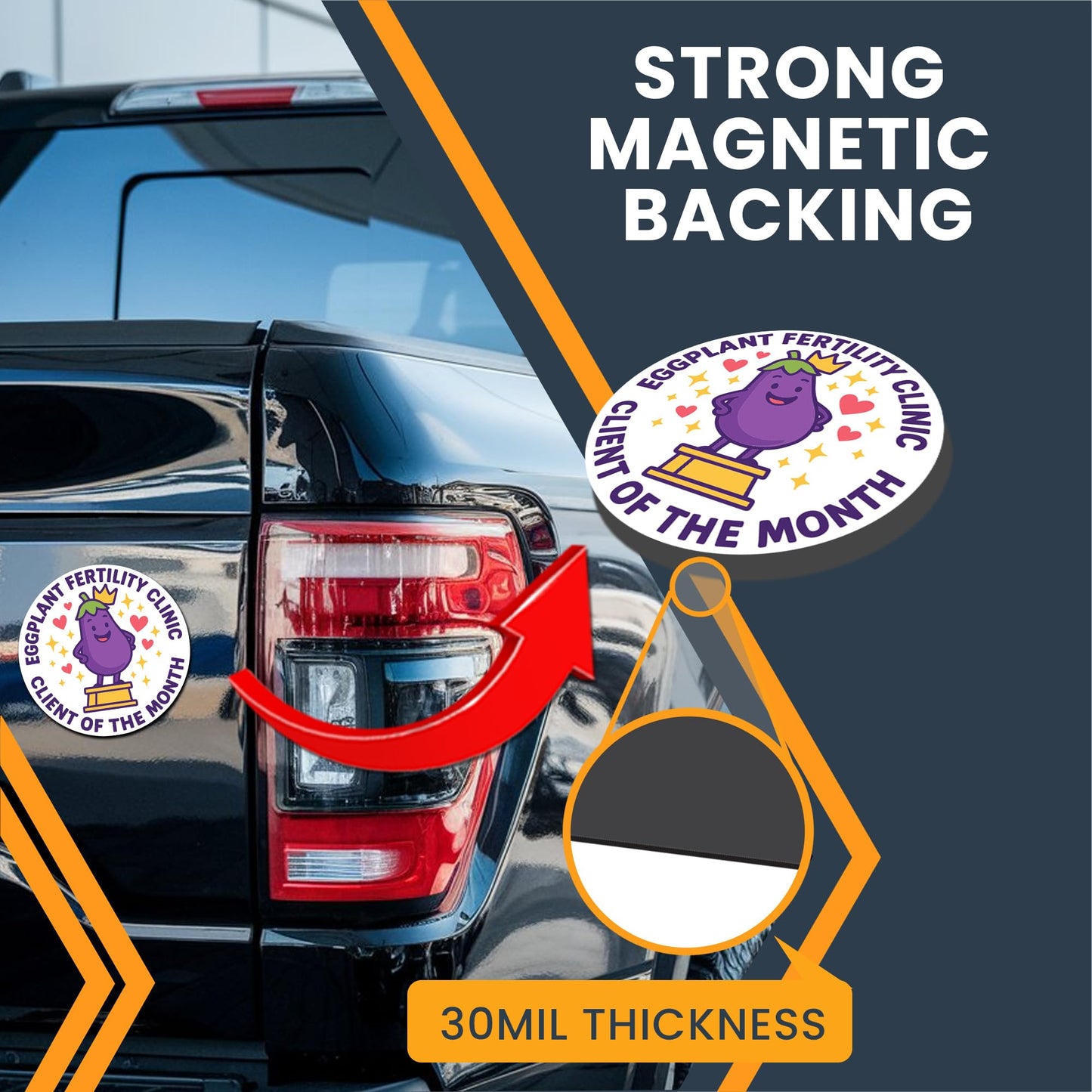 Magnet Me Up Eggplant Fertility Clinic, Client of The Month Magnet - 5" Round Funny Magnetic Decal - UV Printed, Durable Vinyl - Made in USA, Gag Gift - Hilarious Fertility Joke for Car, Fridge