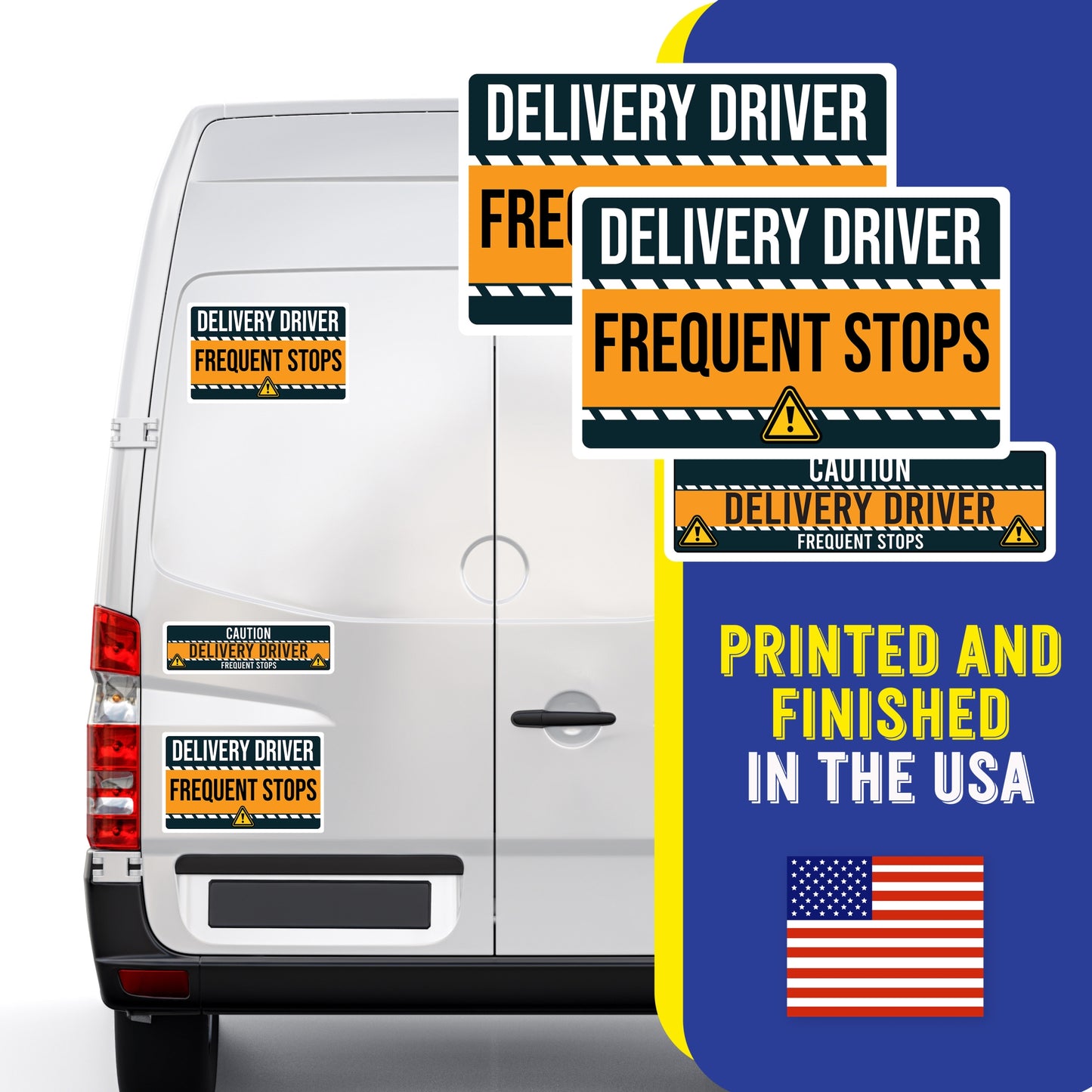 Caution Delivery Driver Frequent Stops Bumper Sticker, 3 Pack, Adhesive Sticker for Vehicles, Two 12x8 inch and One 3x10 inch, Decal for Delivery Cars, Trucks, Van, Full-Color Print, Made in USA