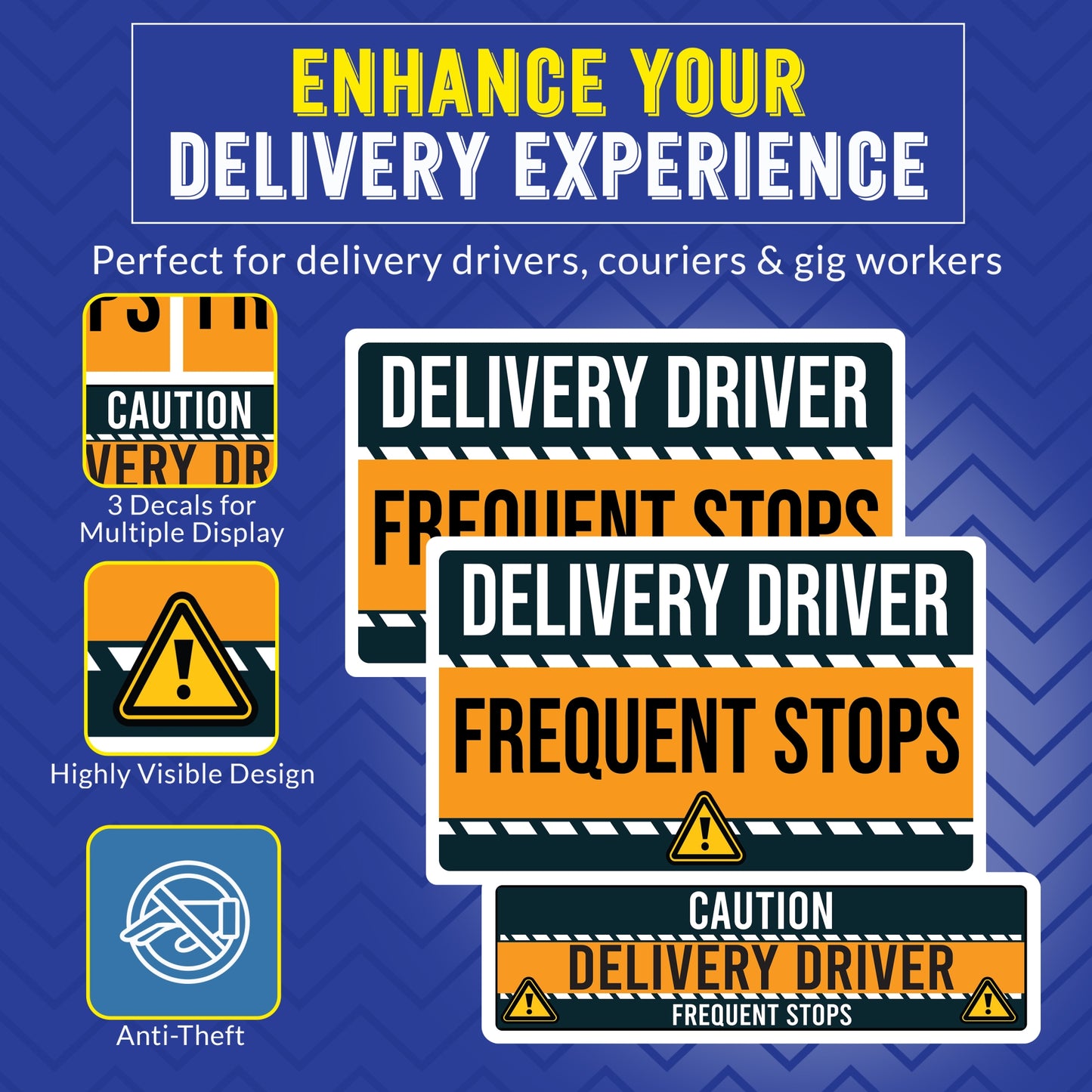 Caution Delivery Driver Frequent Stops Bumper Sticker, 3 Pack, Adhesive Sticker for Vehicles, Two 12x8 inch and One 3x10 inch, Decal for Delivery Cars, Trucks, Van, Full-Color Print, Made in USA