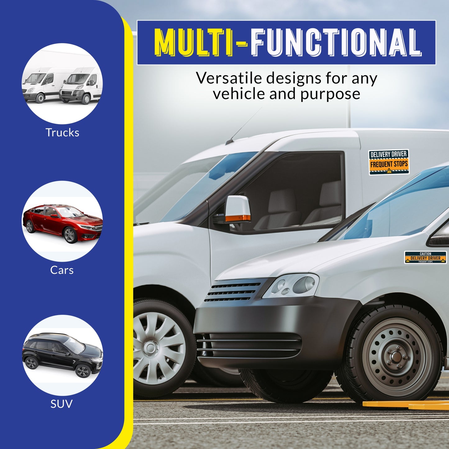 Caution Delivery Driver Frequent Stops Bumper Sticker, 3 Pack, Adhesive Sticker for Vehicles, Two 12x8 inch and One 3x10 inch, Decal for Delivery Cars, Trucks, Van, Full-Color Print, Made in USA