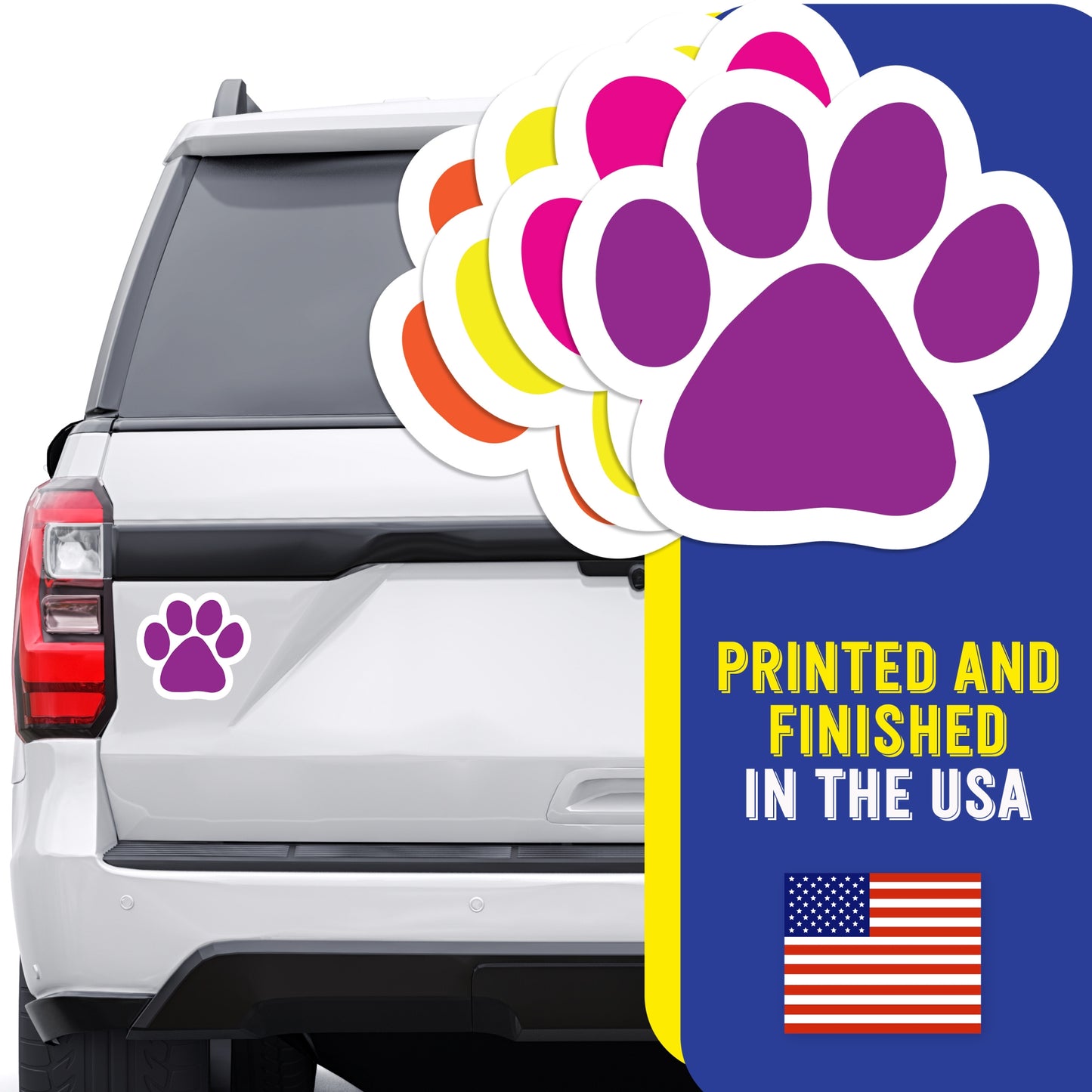 Magnet Me Up Paw Car Magnets- 5" 4 Pack Bright & Bold Paw Prints (Orange, Pink, Purple, Yellow) - Weatherproof Vinyl Magnetic Decals for Cars, Fridge, Locker, Gift for Dog & Animal Lovers, Made in USA