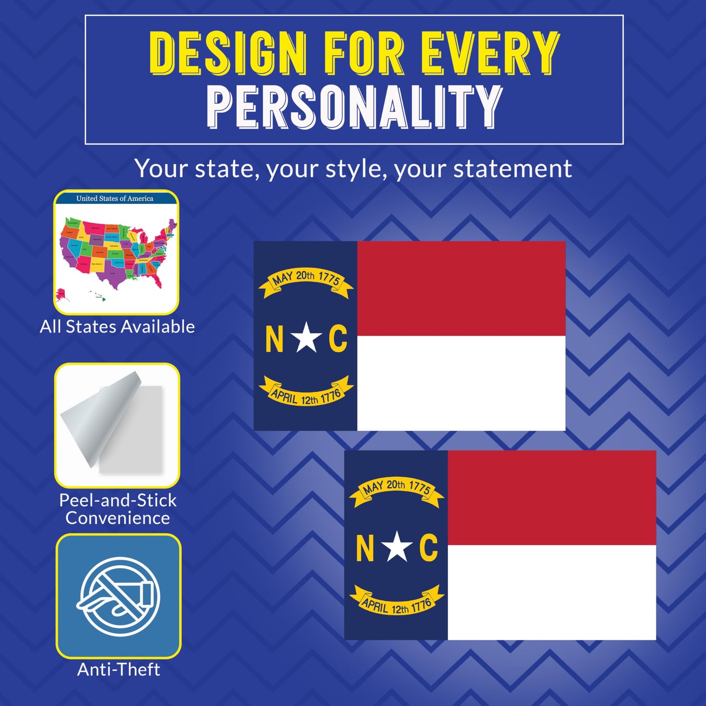 North Carolina Sticker Decal, US State Vinyl Bumper Sticker for Car, Laptop, Water Bottle, 2 Pack, Durable Weatherproof Adhesive, Full Color UV Print, Made in USA, Outdoor Safe Decal