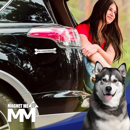 Magnet Me Up I Love My Alaskan Malamute Car Magnet, Bone Shaped, 2x7 Inches, Black and White with Red Heart, UV Printed Dog Breed Magnetic Decal, Fridge, Lockers, Dog Lover Gift, Made in USA
