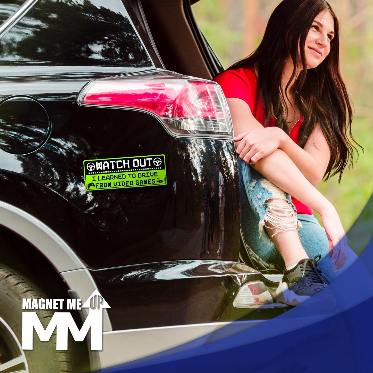 Magnet Me Up Funny Car Magnet - Watch Out I Learned to Drive from Video Games- 3x8 Inches, Bright Green Gamer Humor Magnetic Decal, for Cars, Trucks & SUVs, UV Printed Vinyl, Made in USA