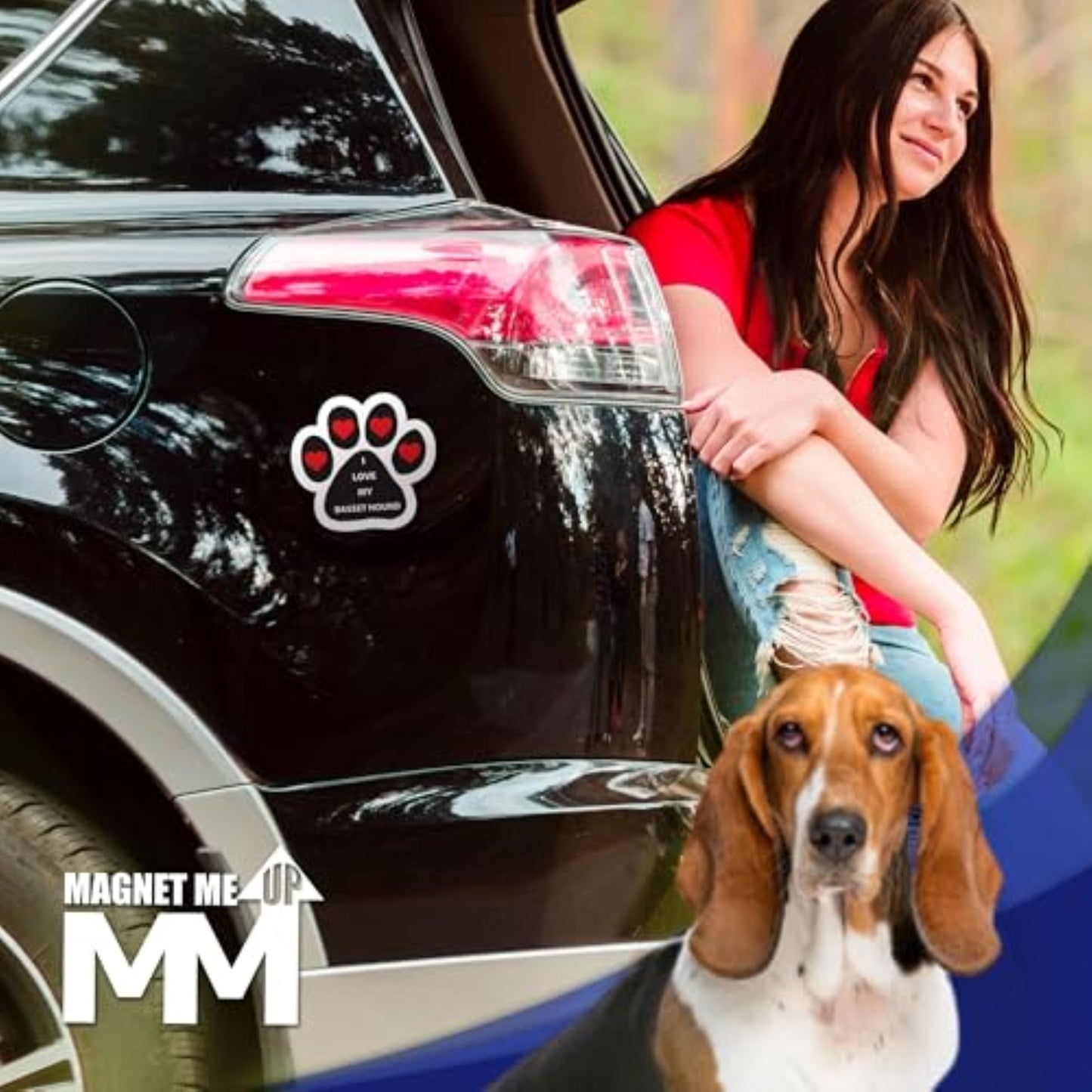 Magnet Me Up I Love My Basset Hound Pawprint Shaped Magnetic Decal - 5 Inch UV-Printed, Durable Vinyl Pet Lover Gift, Basset Hound Car Magnet for Cars, Trucks & SUV, Dog Lover Decor