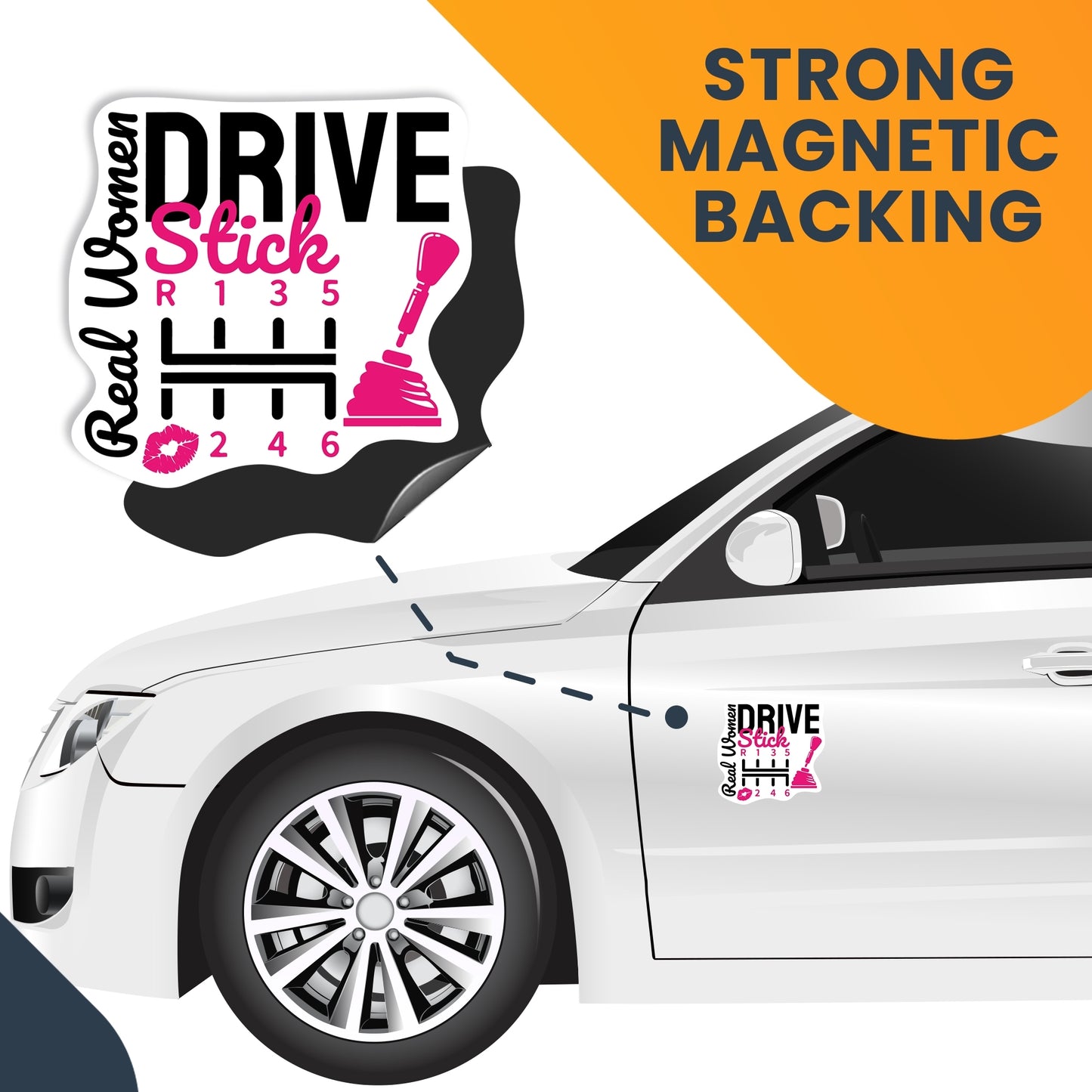 Magnet Me Up Real Women Drive Stick Magnet Decal with Lips, 5x5 inch, Pink, Female Race Car Driver, for Car, Truck, SUV, Funny Humorous Gag Gift for Women, Caution, Speed