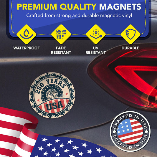 Magnet Me Up USA 250 Years Design Car Magnet, 5" Round - Vintage Patriotic Eagle, 250th Anniversary Semiquincentennial Magnet for Cars, Trucks, SUVs, UV Printed, Souvenir, Crafted in USA