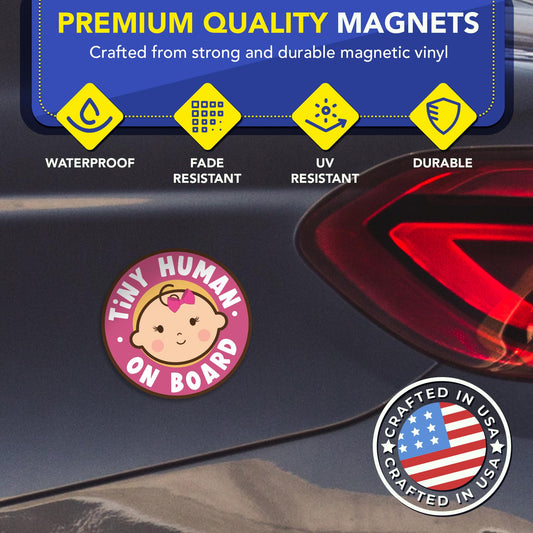 Magnet Me Up Tiny Human On Board Girl 5 Inches Round Car Magnet - Funny Baby on Board Magnetic Decal for Cars, Trucks & SUVs, Cute Baby Girl Car Sign, UV-Printed Weatherproof Vinyl, Crafted in USA