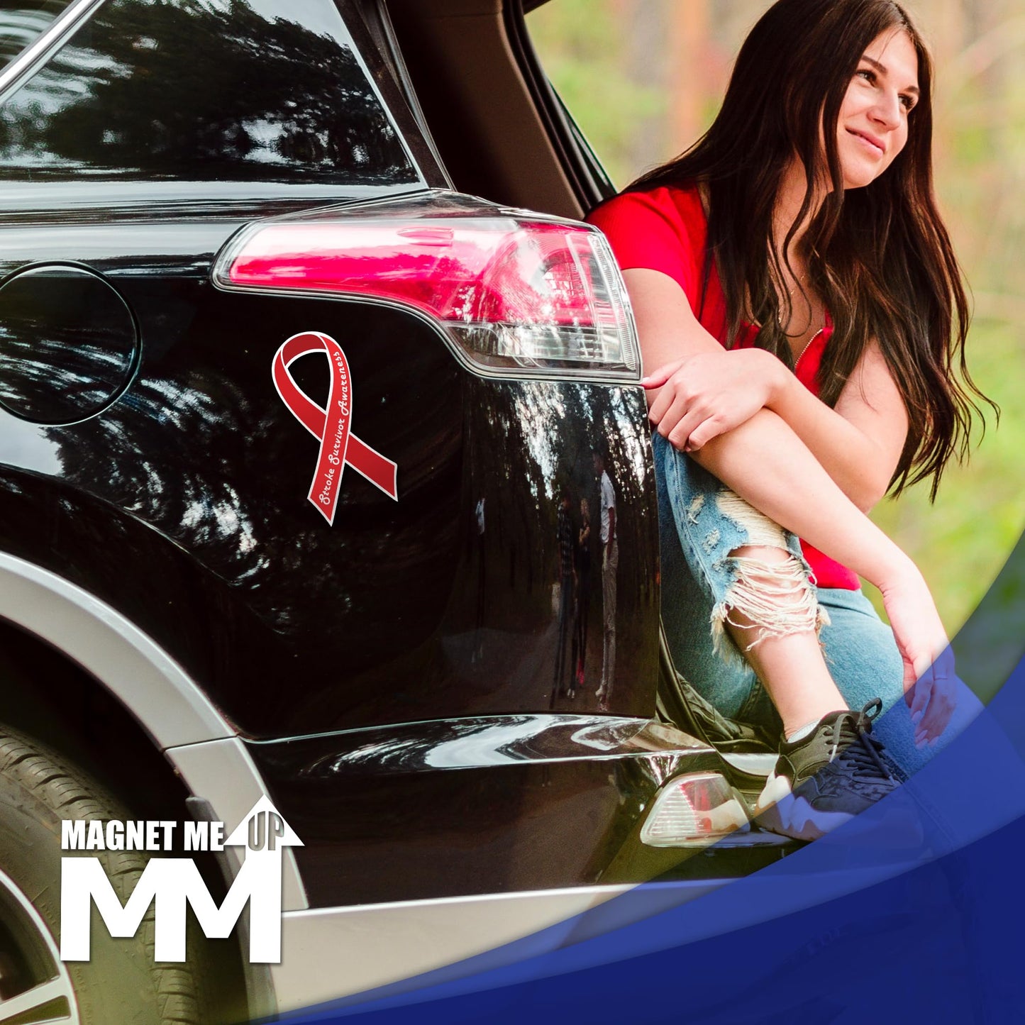 Magnet Me Up Stroke Awareness Ribbon Car Magnet, 3.5"x7" Red Ribbon Magnetic Decal for Car, Trucks and SUVs, Support Heavy Duty Accessory, Waterproof UV Printed for Automotive, Crafted in USA