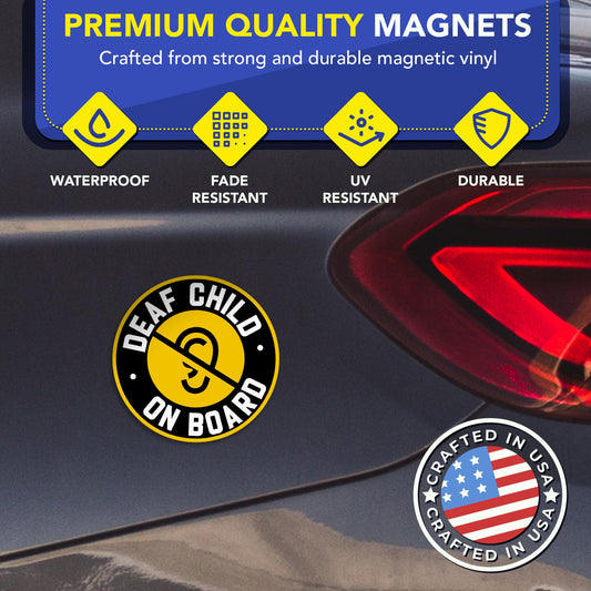 Magnet Me Up Deaf Child on Board Car Magnet, 5 Inches Round Reflective Style Safety Magnetic Decal for Cars, Trucks & SUVs, Heavy Duty Automotive Bumper Accessory, UV Printed, Crafted in the USA