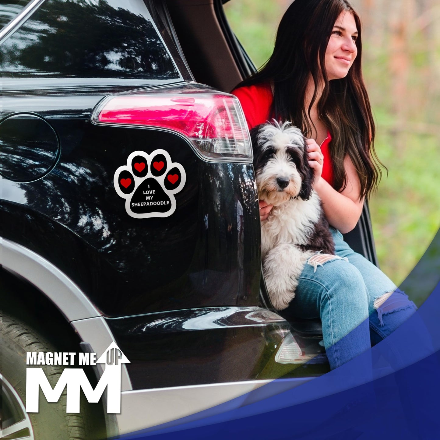 Magnet Me Up I Love My Sheepadoodle Pawprint Shaped Magnetic Car Magnet - 5 Inches, Magetic Decal for Cars, Trucks and SUVs Accessory Gifts for Dog Lovers, Waterproof UV Printed, Crafted in USA