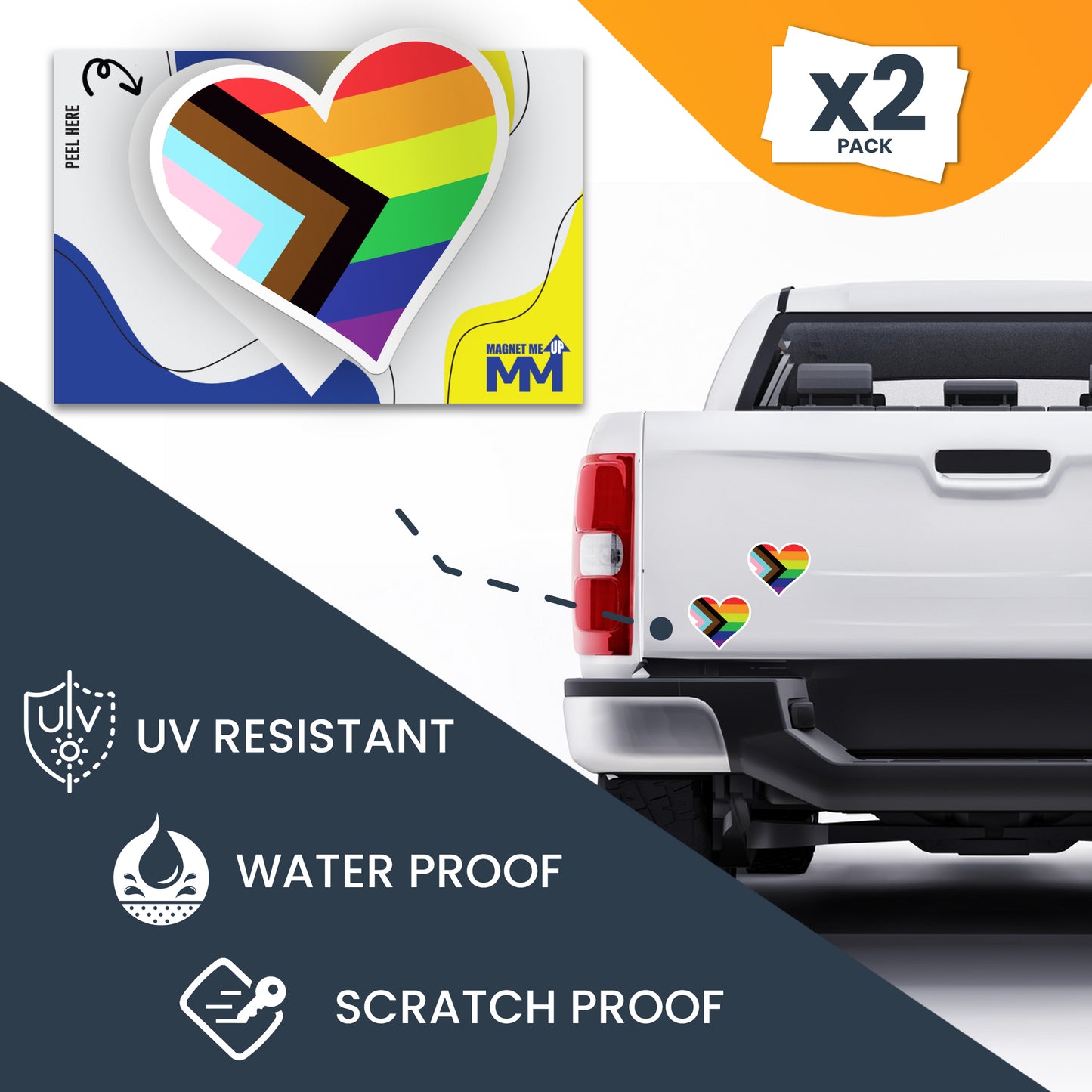 Magnet Me Up LGBTQA Progress Pride Heart Adhesive Decal Sticker, 4 Inches, 2 Pack, Heavy Duty Adhesion to Car Window, Bumper, Etc. Support Gay, Lesbian, Transgender, Bisexual, Queer