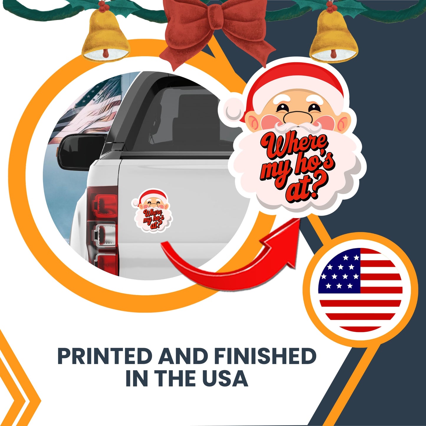 Magnet Me Up Where My Ho's at? Car Christmas Magnet, 5x4.5 Inch, Festive Holiday Car or Fridge Decoration, Funny Idea, Cheeky and Fun