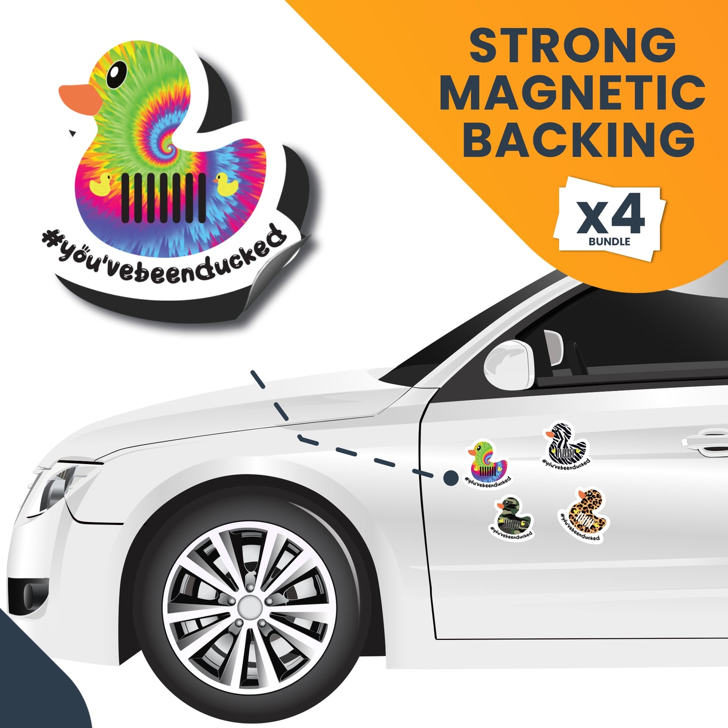 Magnet Me Up You've Been Ducked Cute Vehicle Duck Magnets, Ducking Game, 4 Pk, 4x4 in, Army Tie Dye Leopard Zebra, Bumper Magnet