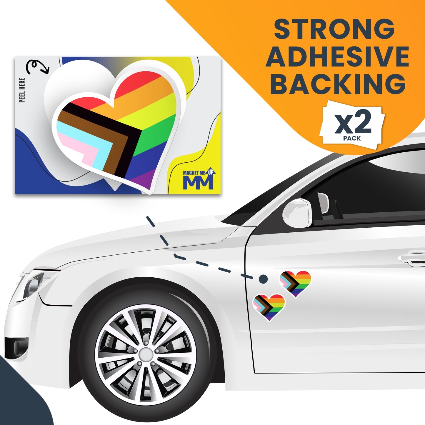 Magnet Me Up LGBTQA Progress Pride Heart Adhesive Decal Sticker, 4 Inches, 2 Pack, Heavy Duty Adhesion to Car Window, Bumper, Etc. Support Gay, Lesbian, Transgender, Bisexual, Queer