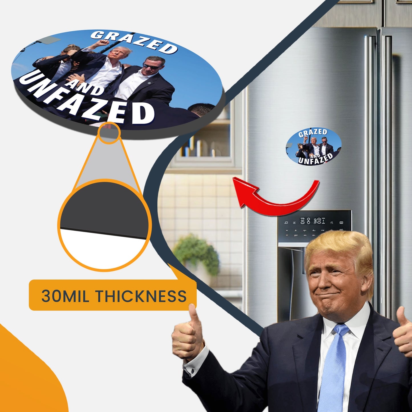 Magnet Me Up Grazed and Unfazed Donald Trump Magnet Decal - Support Your Favorite President! 4x6 inches, Bold and Resilient, Souvenir Gift for Supporters and Colletors, for Rallies, Crafted in USA