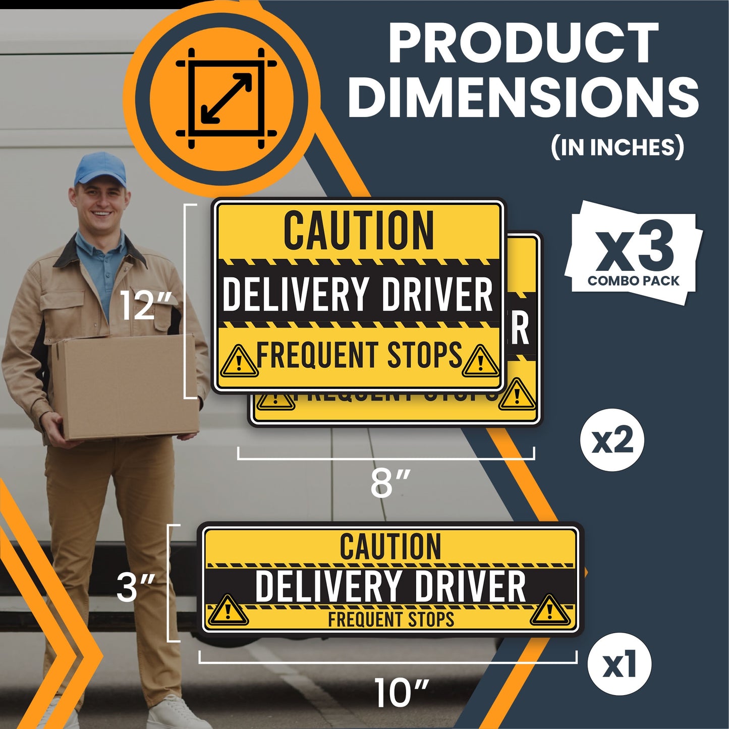 Magnet Me Up Caution Frequent Stops Delivery Driver Automotive Magnet Decal, 3 Pack, Yellow/Black, Two 8x12 inch and One 3x10 inch