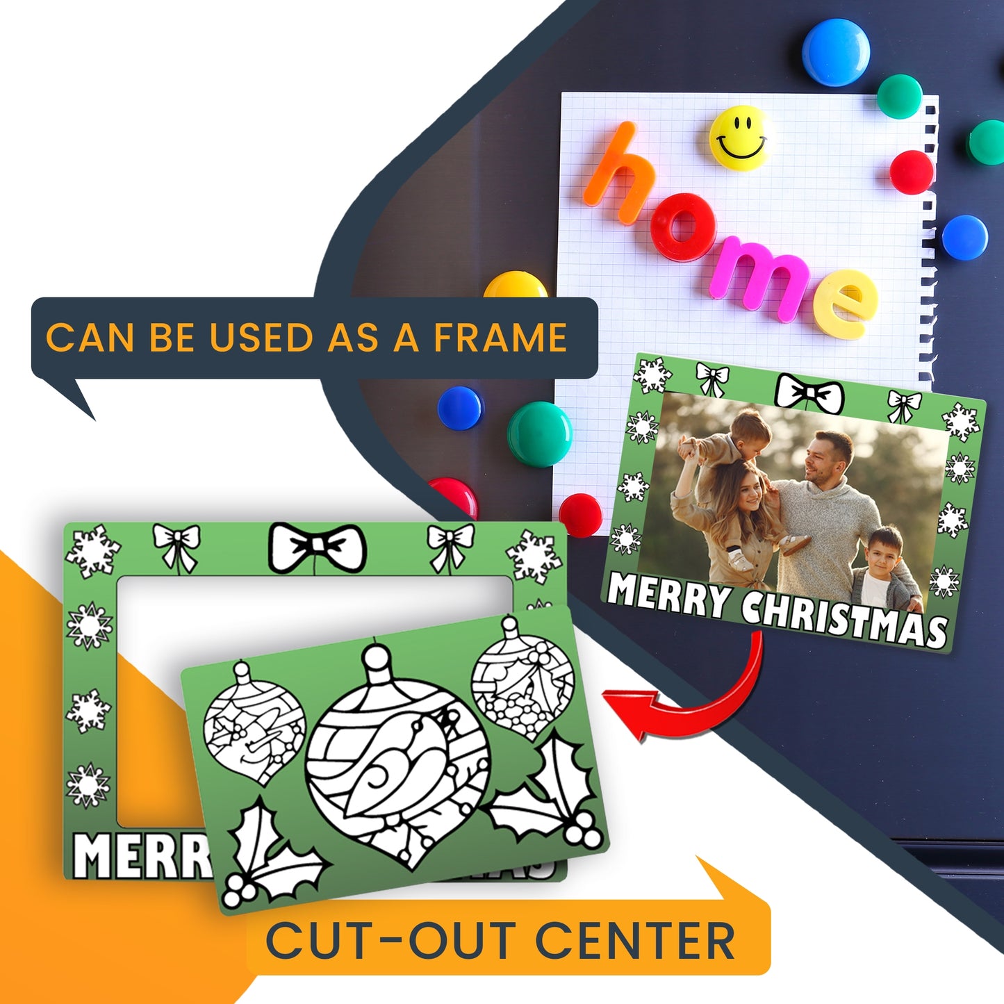 Color In Your Own Christmas Ornaments Picture Frame Magnet, DIY, Decorate a Holiday Magnetic Picture Frame - 5 x 7" Frame with a 3.5 x 5.5" Cut-Out Center Magnet